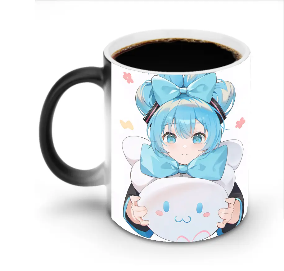 初音ミク 可愛いリボンモチーフ ゆるふわぬいぐるみ オリジナルデザイン - 変色マグカップ ・ セラミック ・ 熱転写プリント ・ 耐久性 高品質 ・ ギフト・自宅用 コーヒー お茶