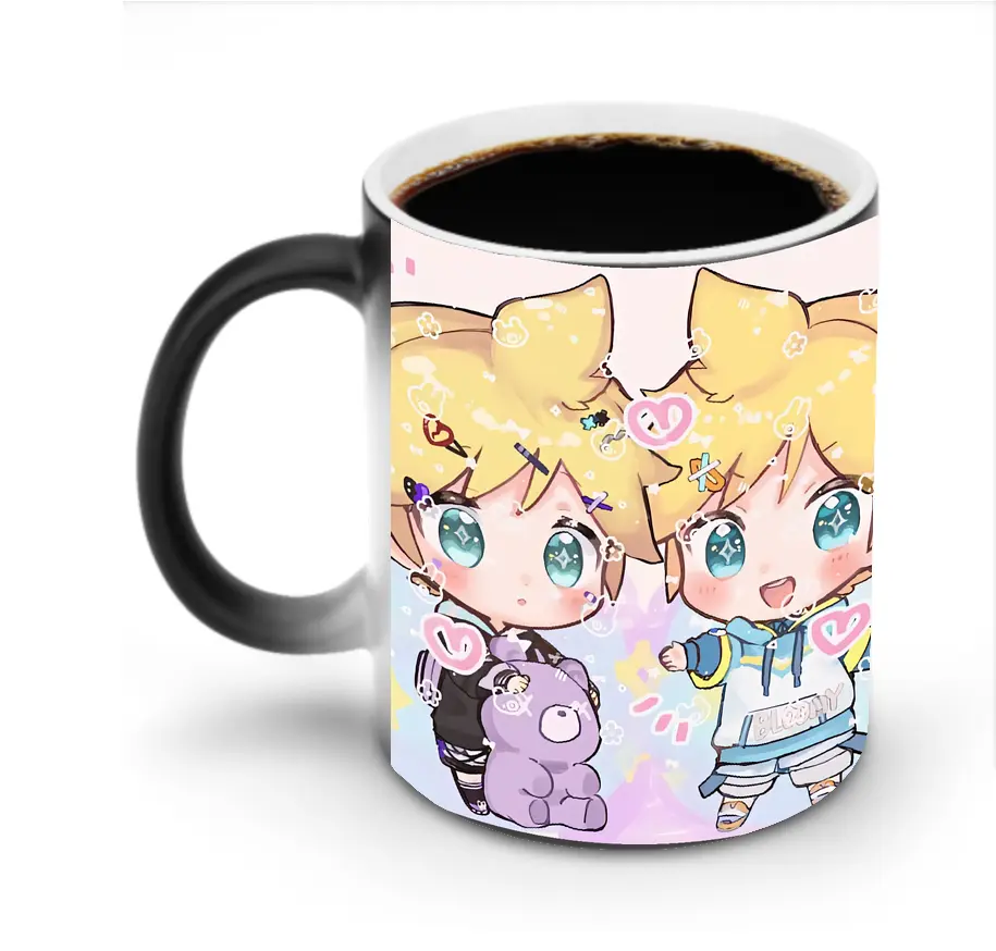 鏡音リン・レン ペールピンク背景 ハート ふんわり可愛い オリジナルデザイン - 変色マグカップ ・ セラミック ・ 熱転写プリント ・ 耐久性 高品質 ・ ギフト・自宅用 コーヒー お茶