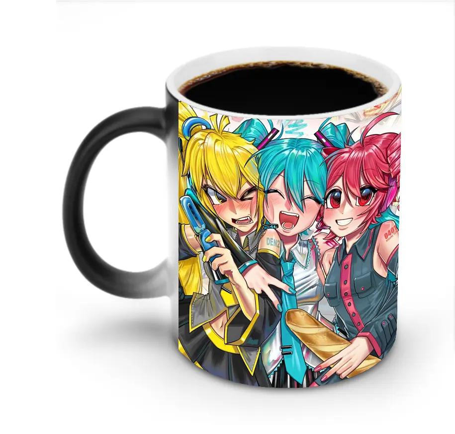 重音テト × 初音ミク × 鏡音リン コラボ パンモチーフ ほっこり オリジナルデザイン - 変色マグカップ ・ セラミック ・ 熱転写プリント ・ 耐久性 高品質 ・ ギフト・自宅用 コーヒー お茶