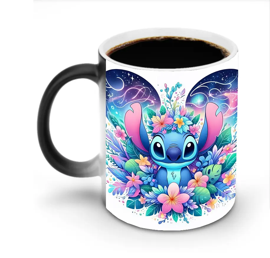 ディズニー スティッチ 星空と花 カラフル オリジナルデザイン - 変色マグカップ ・ セラミック ・ 熱転写プリント ・ 耐久性 高品質 ・ ギフト・自宅用 コーヒー お茶