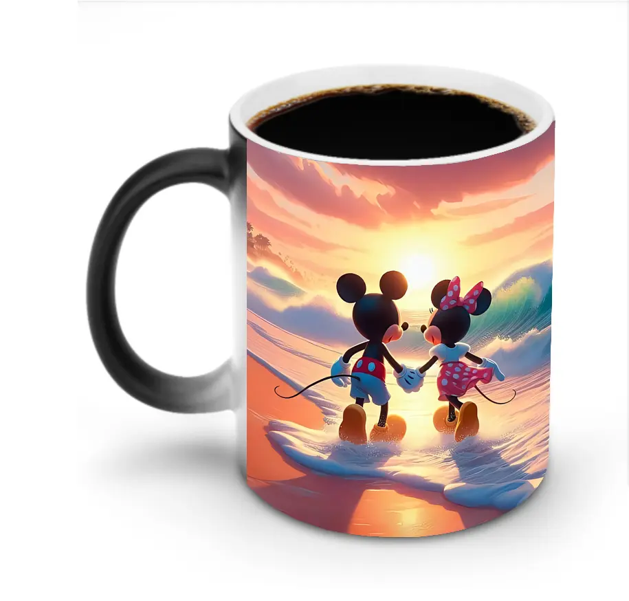ミッキー＆ミニーカップルデザイン サンセットシルエット - 変色マグカップ ・ セラミック ・ 熱転写プリント ・ 耐久性 高品質 ・ ギフト・自宅用 コーヒー お茶
