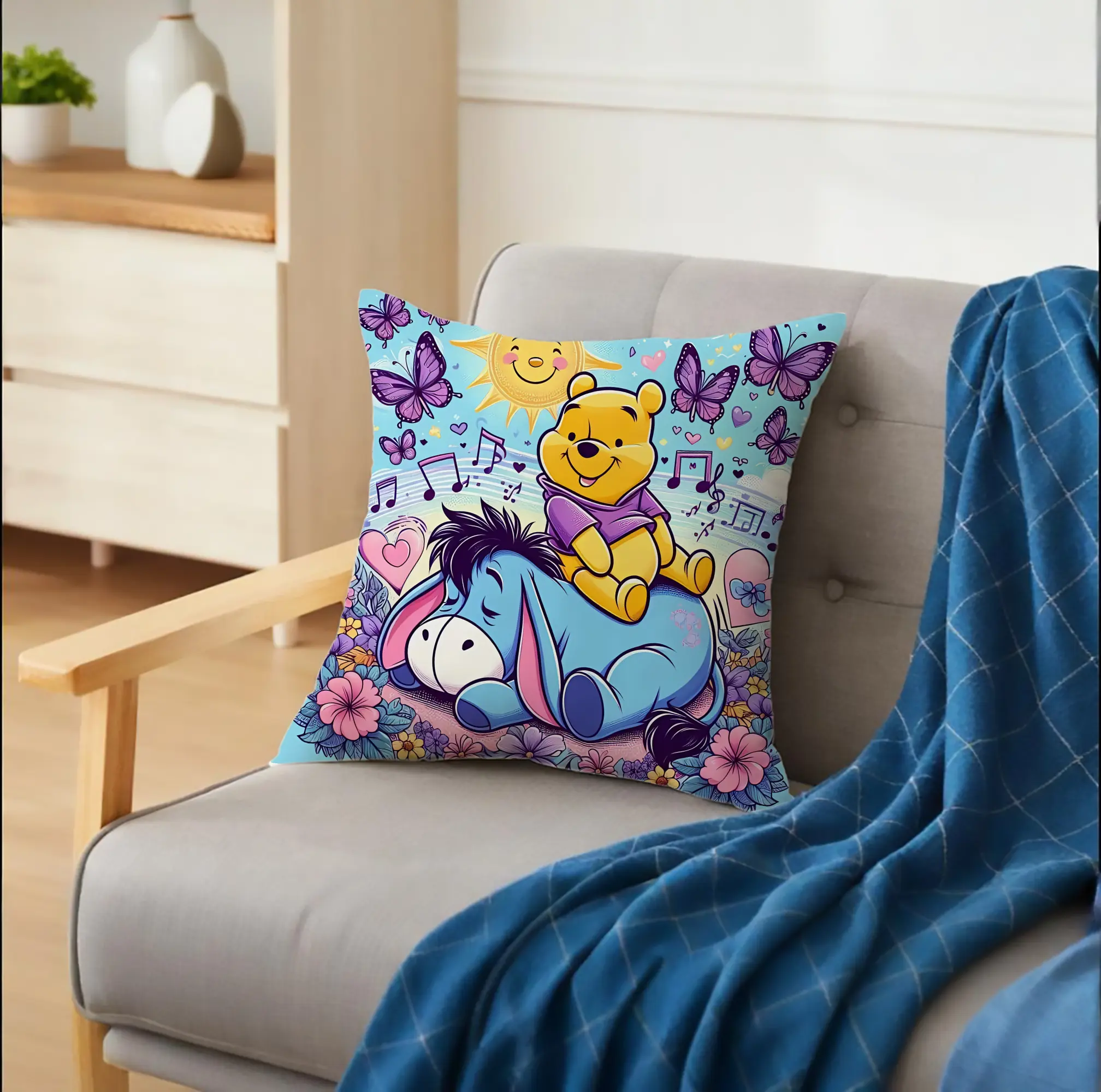 ディズニーくまのプーさん・イーヨー 蝶と花・太陽モチーフ 温かみのある オリジナルデザイン