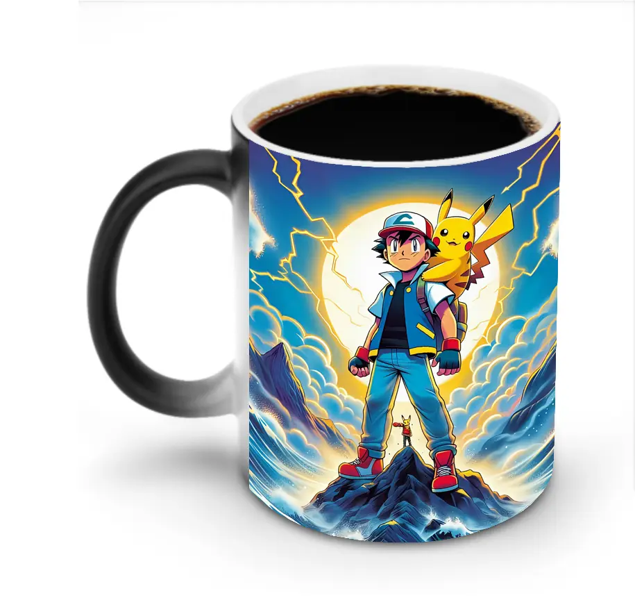 ポケモン ピカチュウ＆サトシ 稲妻ダイナミック オリジナルデザイン - 変色マグカップ ・ セラミック ・ 熱転写プリント ・ 耐久性 高品質 ・ ギフト・自宅用 コーヒー お茶
