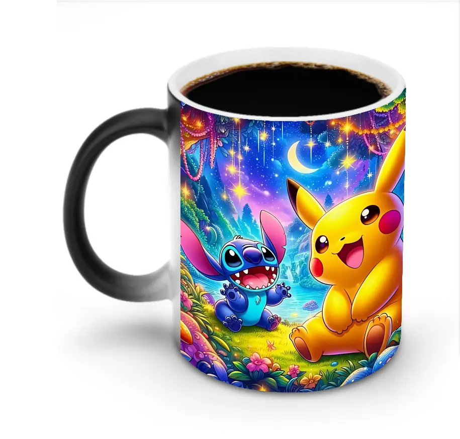 ポケモン ピカチュウ＆スティッチ コラボ 星空ファンタジー オリジナルデザイン - 変色マグカップ ・ セラミック ・ 熱転写プリント ・ 耐久性 高品質 ・ ギフト・自宅用 コーヒー お茶
