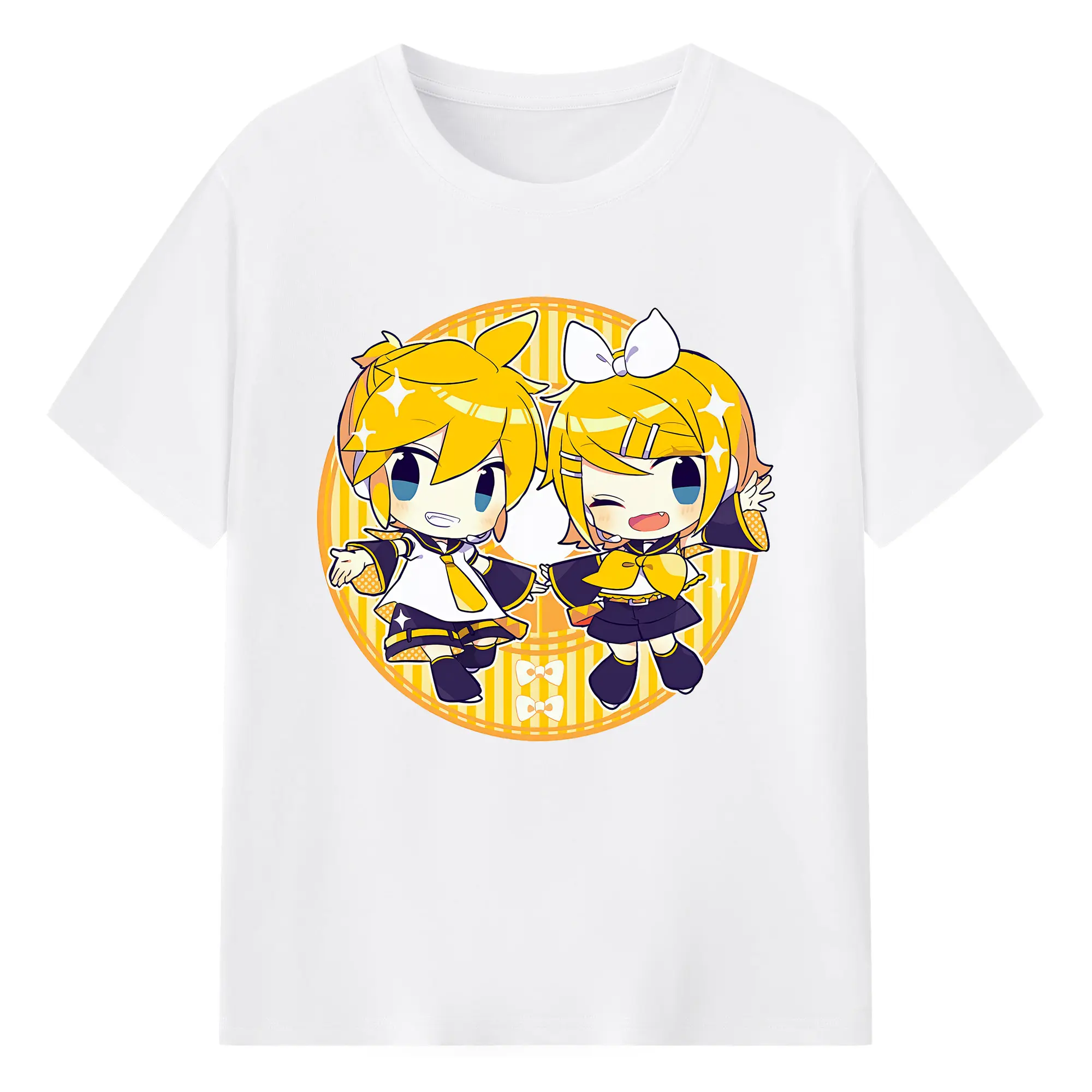 鏡音リン・レン デフォルメ 丸型フレーム ぽんやり可愛い オリジナルデザイン - 綿100％ 半袖Tシャツ ・ フロントプリント ・ 快適 通気性 ・ 日常使い 散歩 スポーツ用