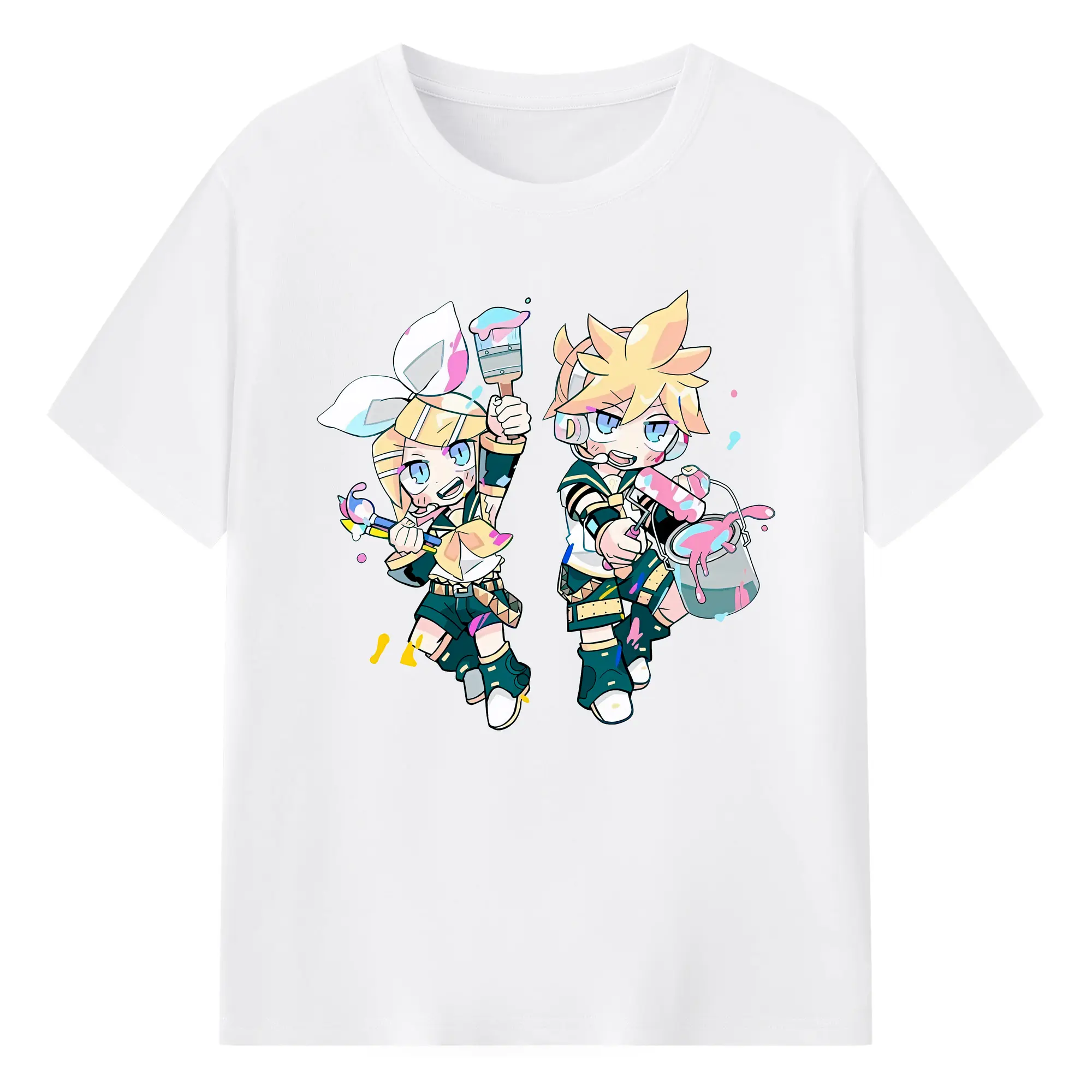 鏡音リン・レン 多彩なポーズ 生き生きとしたコンビ オリジナルデザイン - 綿100％ 半袖Tシャツ ・ フロントプリント ・ 快適 通気性 ・ 日常使い 散歩 スポーツ用