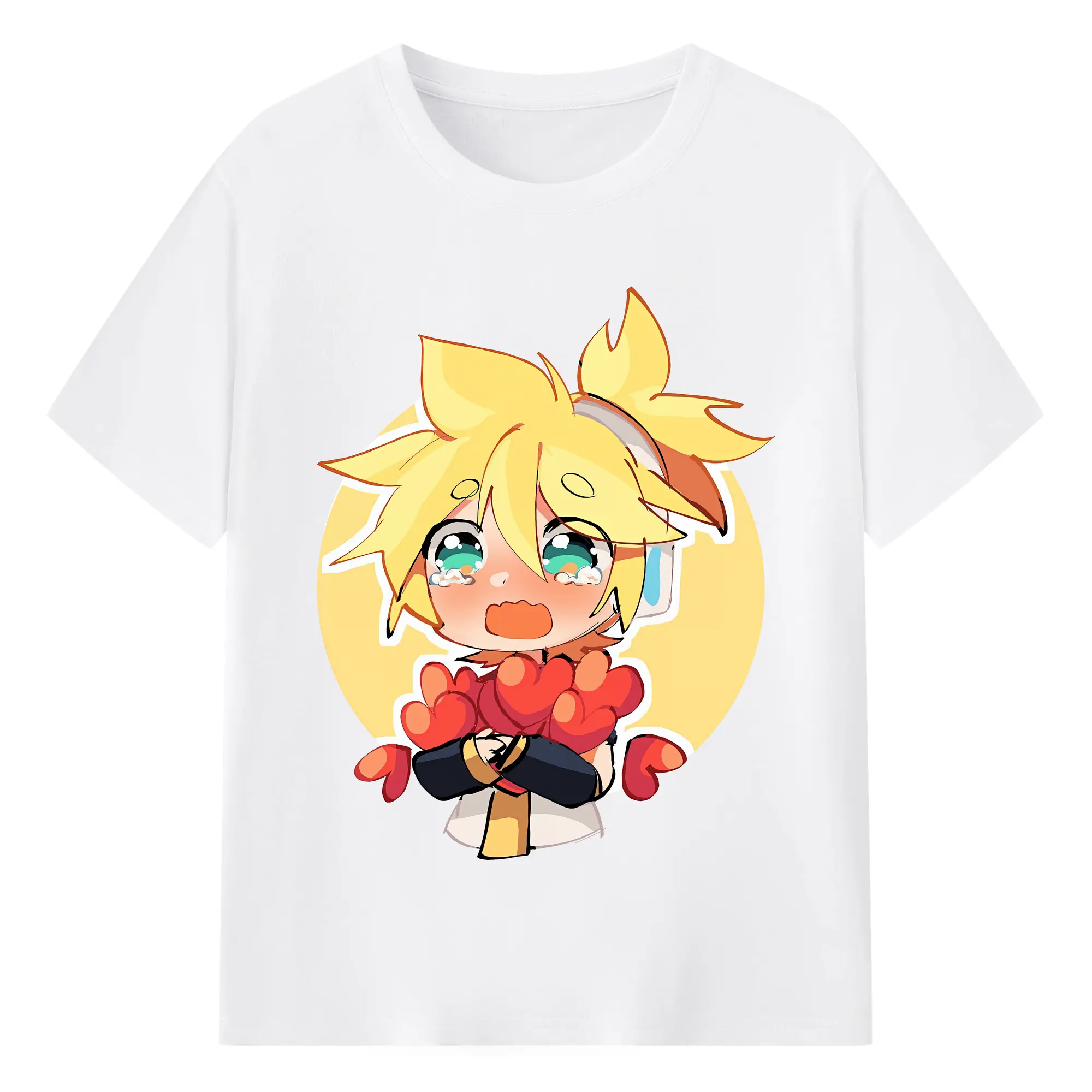 鏡音レン ハートモチーフ 元気 オリジナルデザイン - 綿100％ 半袖Tシャツ ・ フロントプリント ・ 快適 通気性 ・ 日常使い 散歩 スポーツ用