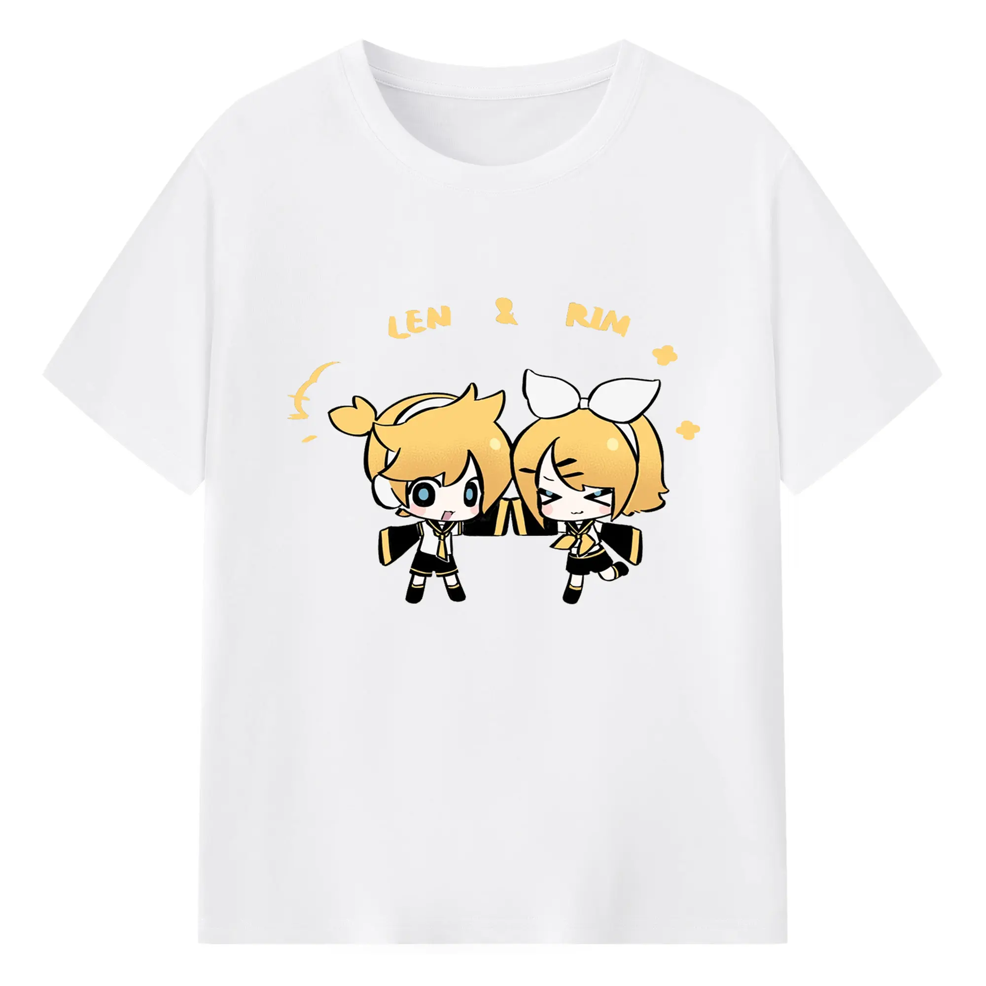 鏡音リン・レン カートゥーンシンプル オリジナルデザイン - 綿100％ 半袖Tシャツ ・ フロントプリント ・ 快適 通気性 ・ 日常使い 散歩 スポーツ用