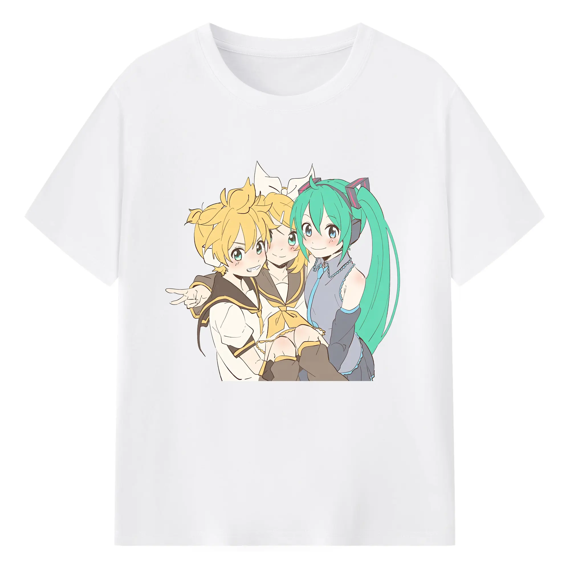 鏡音リン・レン と 初音ミク 可愛い萌え系コラボ オリジナルデザイン - 綿100％ 半袖Tシャツ ・ フロントプリント ・ 快適 通気性 ・ 日常使い 散歩 スポーツ用