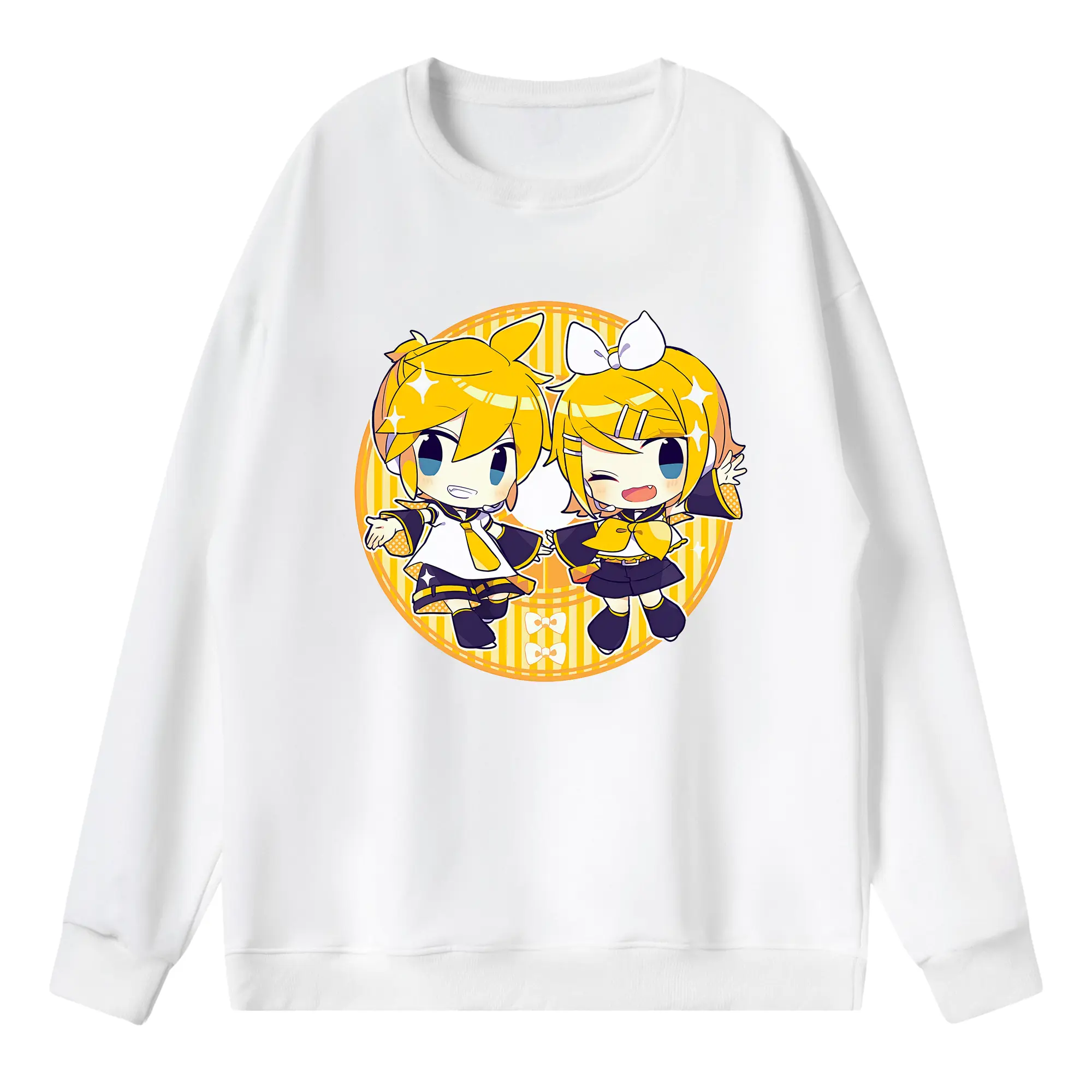 鏡音リン・レン デフォルメ 丸型フレーム ぽんやり可愛い オリジナルデザイン - 薄手 クルーネック スウェット 裏毛260g · ポリエステル 春秋向け カジュアル 男女兼用 · トレーナー デイリー スポーツ 散歩に最適