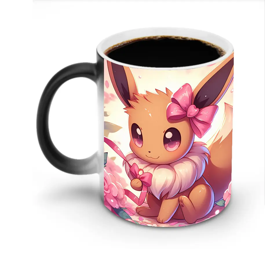 イーブイ ピンクの蝶 かわいい オリジナルデザイン - 変色マグカップ ・ セラミック ・ 熱転写プリント ・ 耐久性 高品質 ・ ギフト・自宅用 コーヒー お茶