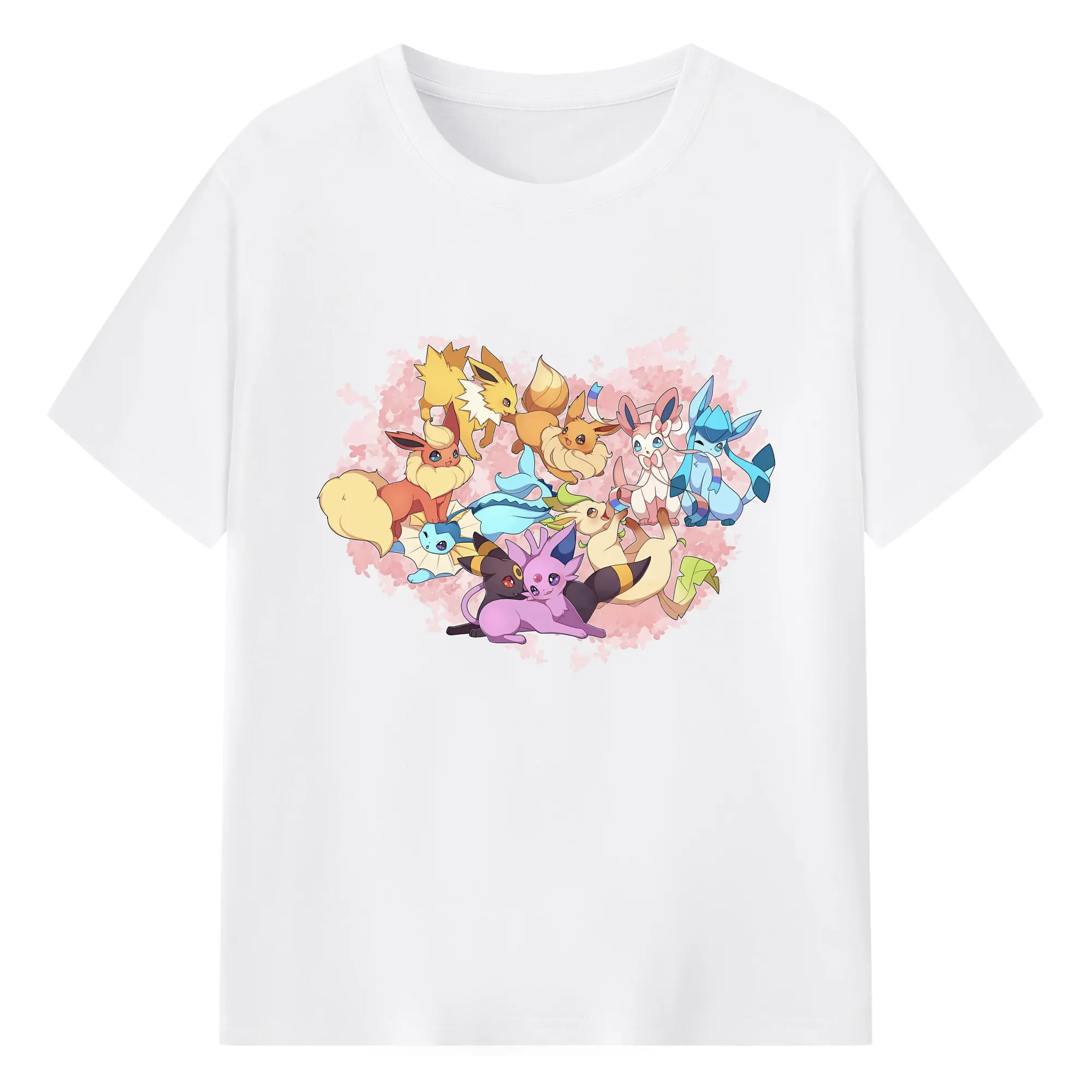 イーブイ進化系ブイズ集合桜デザイン - 綿100％ 半袖Tシャツ ・ フロントプリント ・ 快適 通気性 ・ 日常使い 散歩 スポーツ用