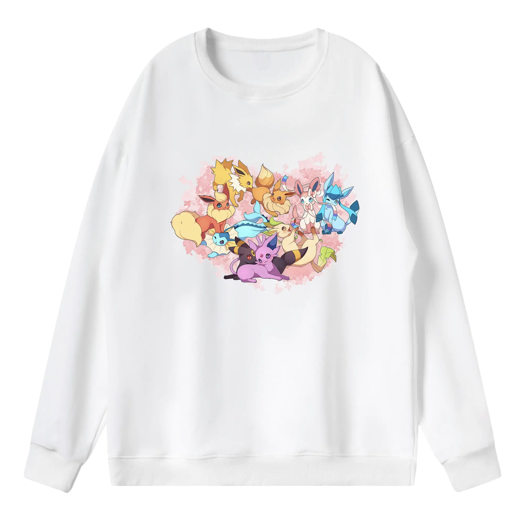 イーブイ進化系ブイズ集合桜デザイン - 薄手 クルーネック スウェット 裏毛260g · ポリエステル 春秋向け カジュアル 男女兼用 · トレーナー デイリー スポーツ 散歩に最適