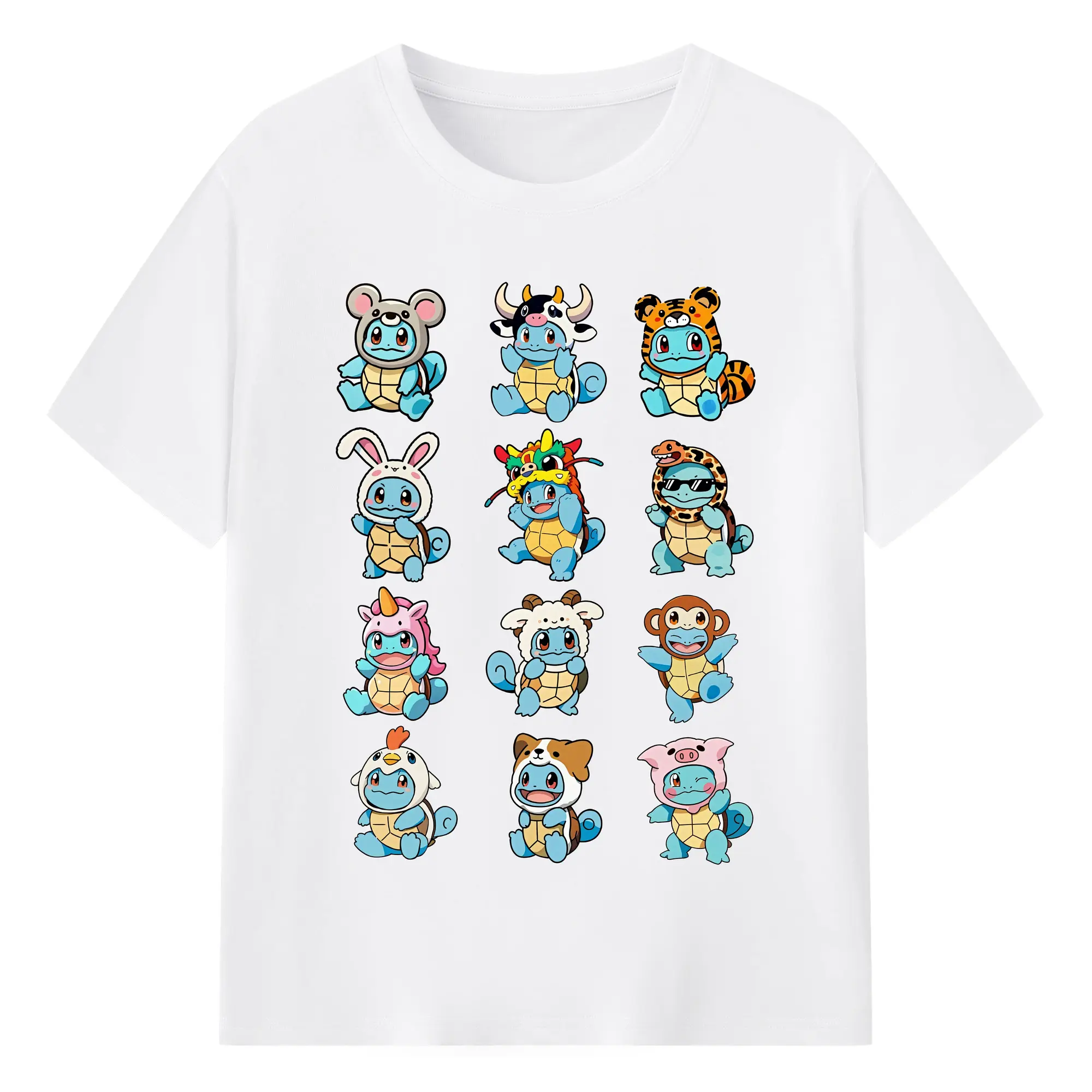 ポケモン ゼニガメ かわいい 多形態 配列 オリジナルデザイン - 綿100％ 半袖Tシャツ ・ フロントプリント ・ 快適 通気性 ・ 日常使い 散歩 スポーツ用