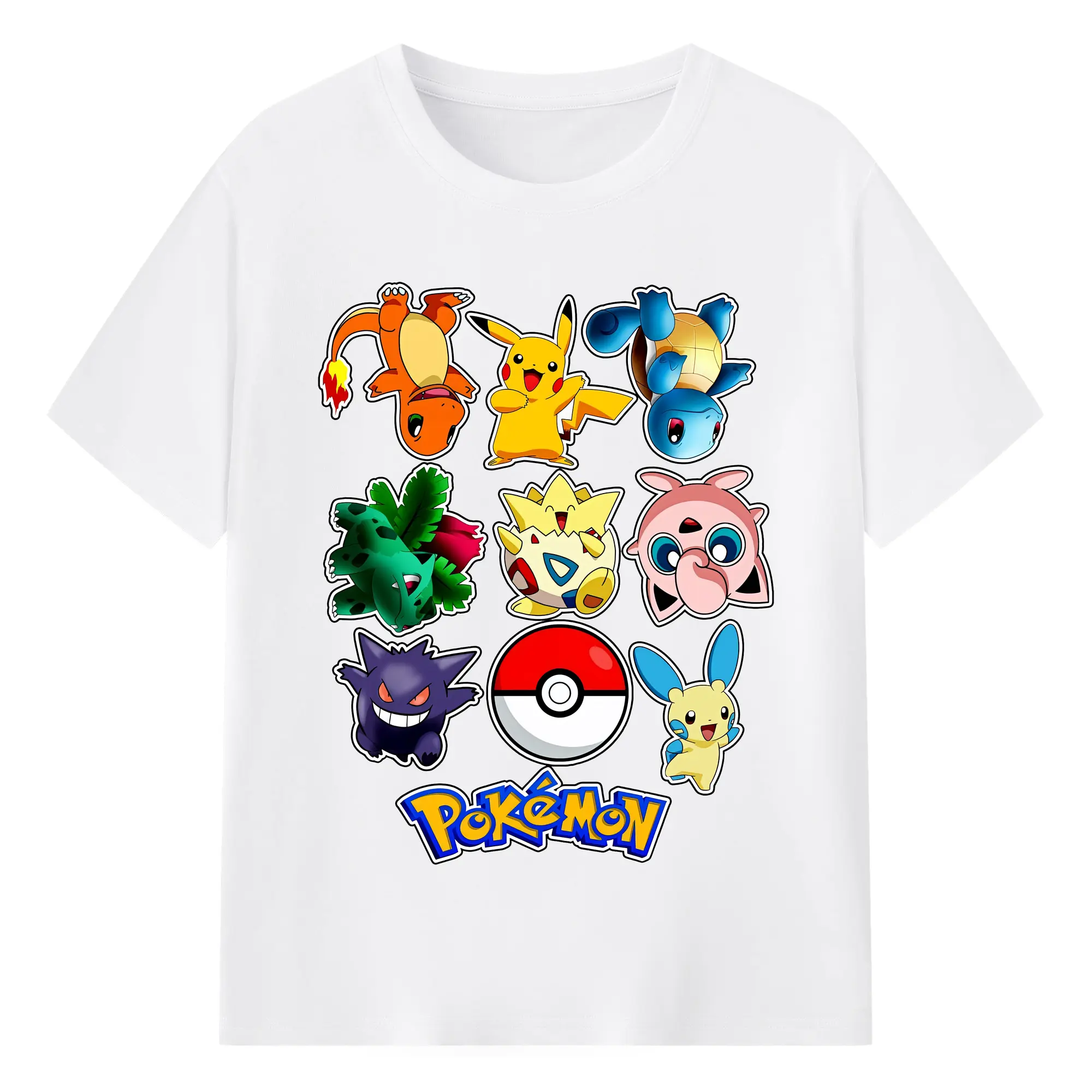 ポケモン 全キャラクター集合 モンスターボール 賑やか オリジナルデザイン - 綿100％ 半袖Tシャツ ・ フロントプリント ・ 快適 通気性 ・ 日常使い 散歩 スポーツ用