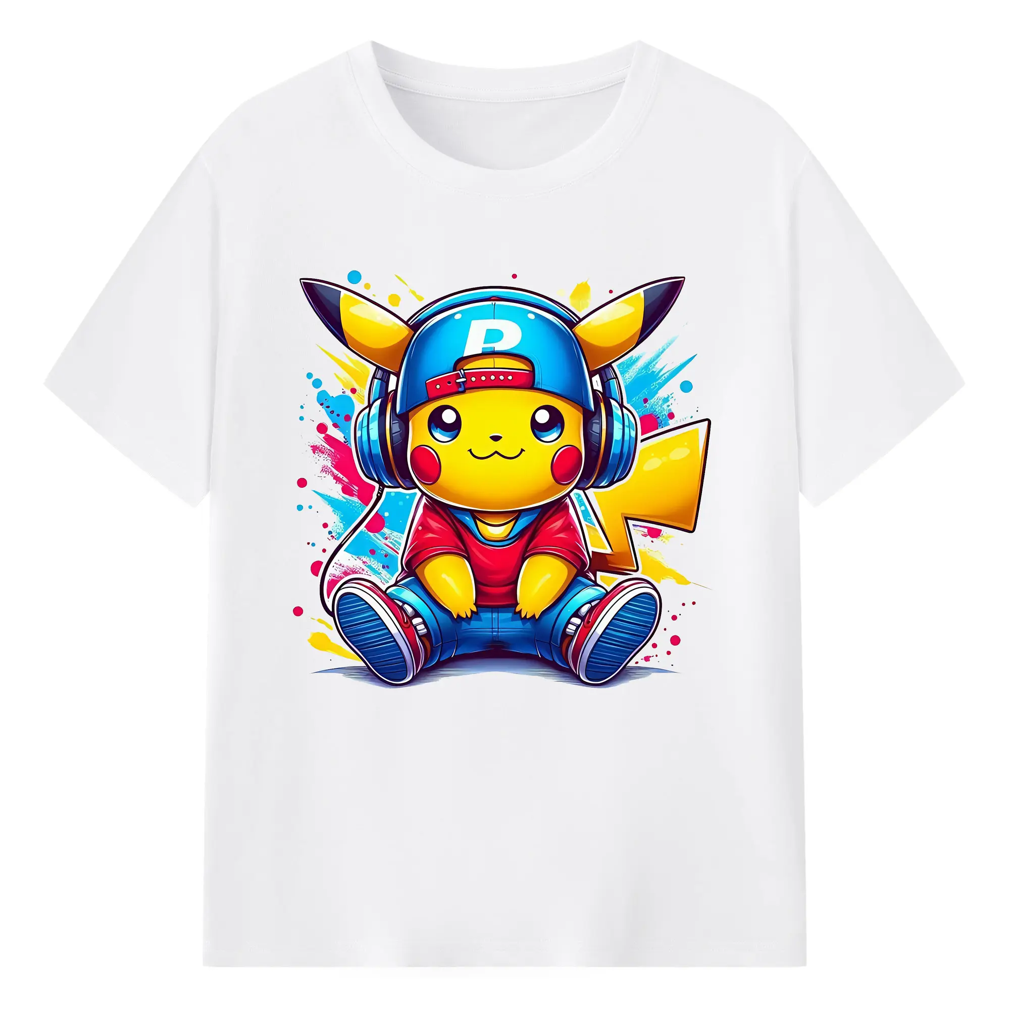 ポケモン ピカチュウ カラフル オリジナルデザイン - 綿100％ 半袖Tシャツ ・ フロントプリント ・ 快適 通気性 ・ 日常使い 散歩 スポーツ用