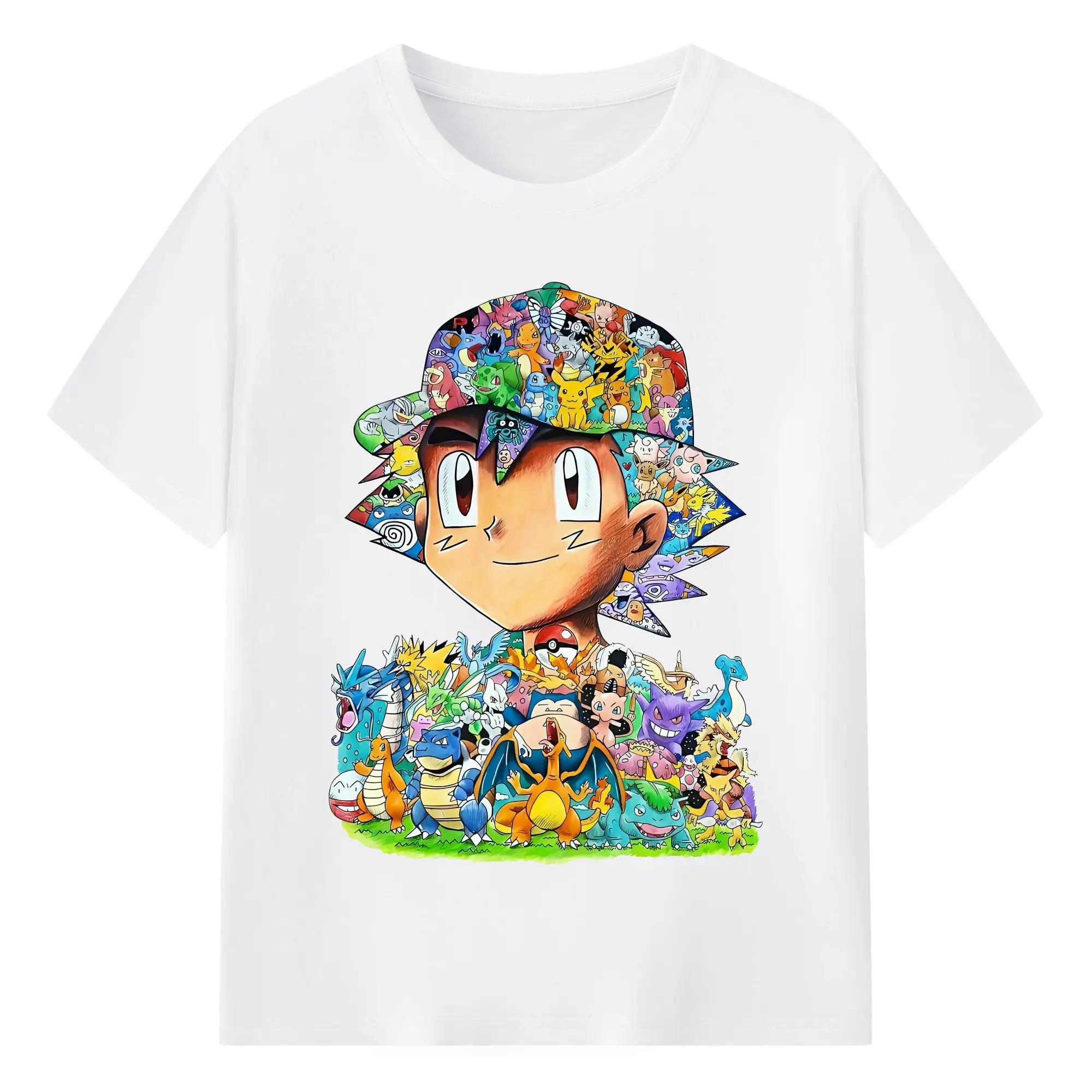 ポケモン ピカチュウ＆サトシ 全キャラクター集合 賑やか オリジナルデザイン - 綿100％ 半袖Tシャツ ・ フロントプリント ・ 快適 通気性 ・ 日常使い 散歩 スポーツ用