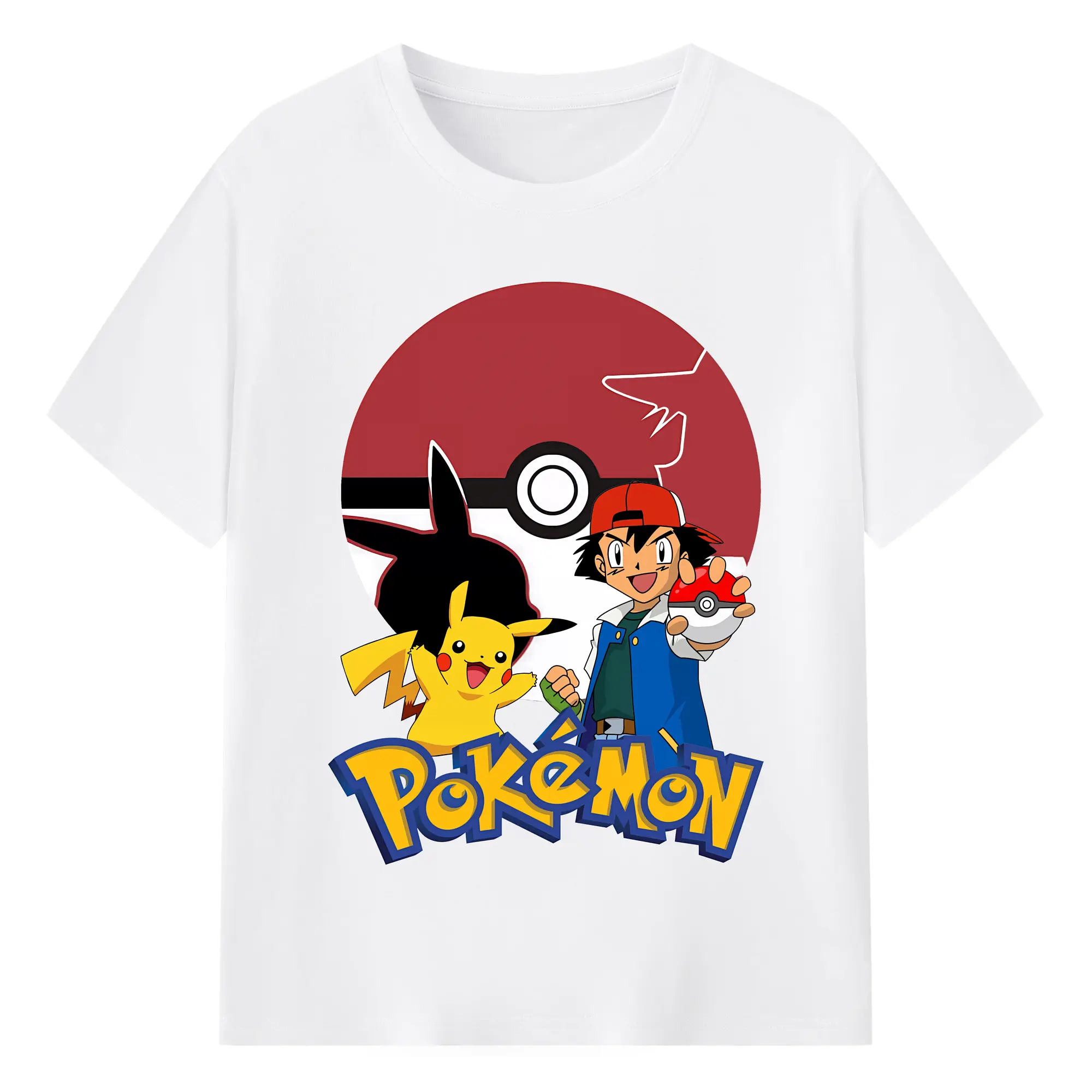 ポケモン ピカチュウ＆サトシ モンスターボール クラシック オリジナルデザイン - 綿100％ 半袖Tシャツ ・ フロントプリント ・ 快適 通気性 ・ 日常使い 散歩 スポーツ用