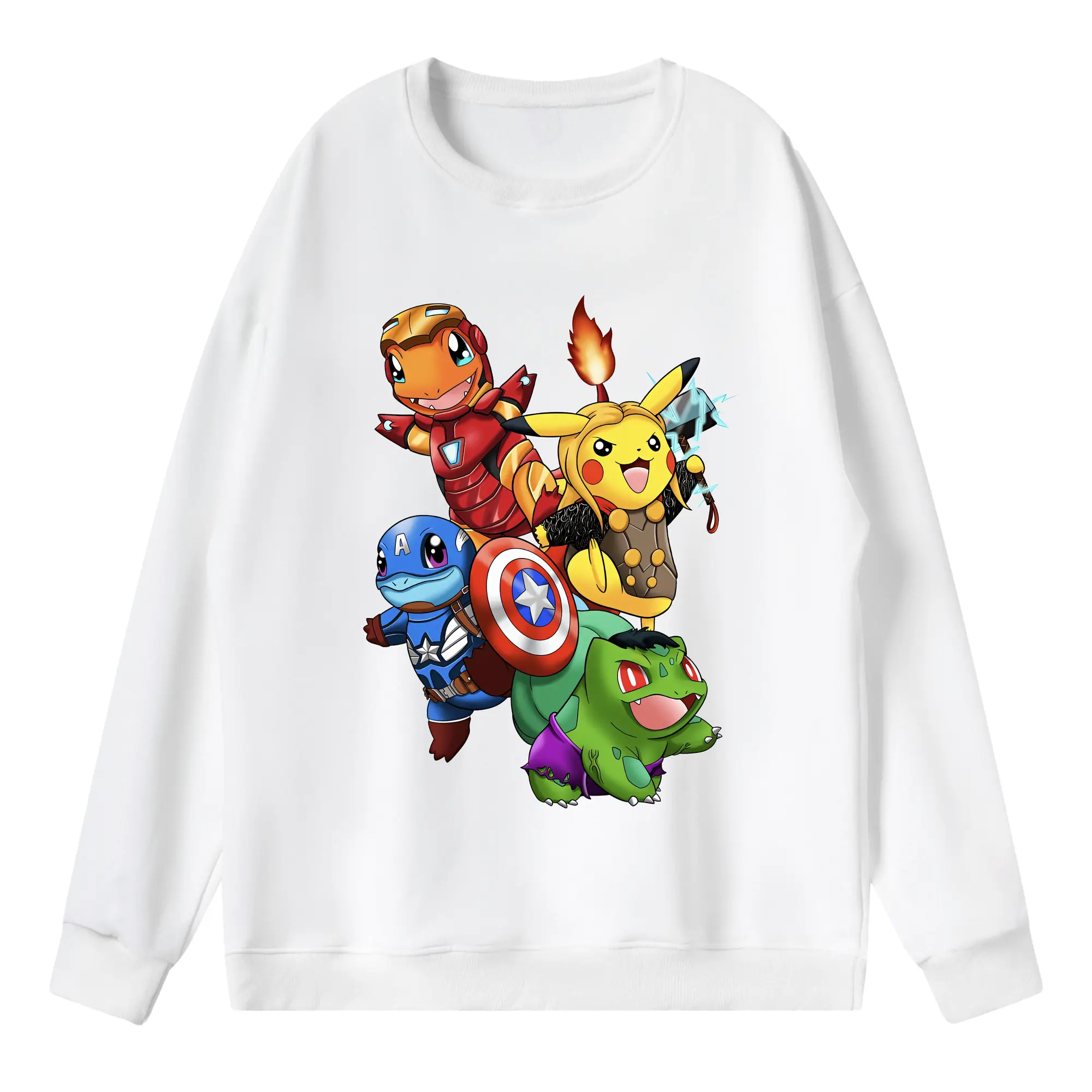 ポケモン ピカチュウ × マーベル コラボ クール オリジナルデザイン - 薄手 クルーネック スウェット 裏毛260g · ポリエステル 春秋向け カジュアル 男女兼用 · トレーナー デイリー スポーツ 散歩に最適