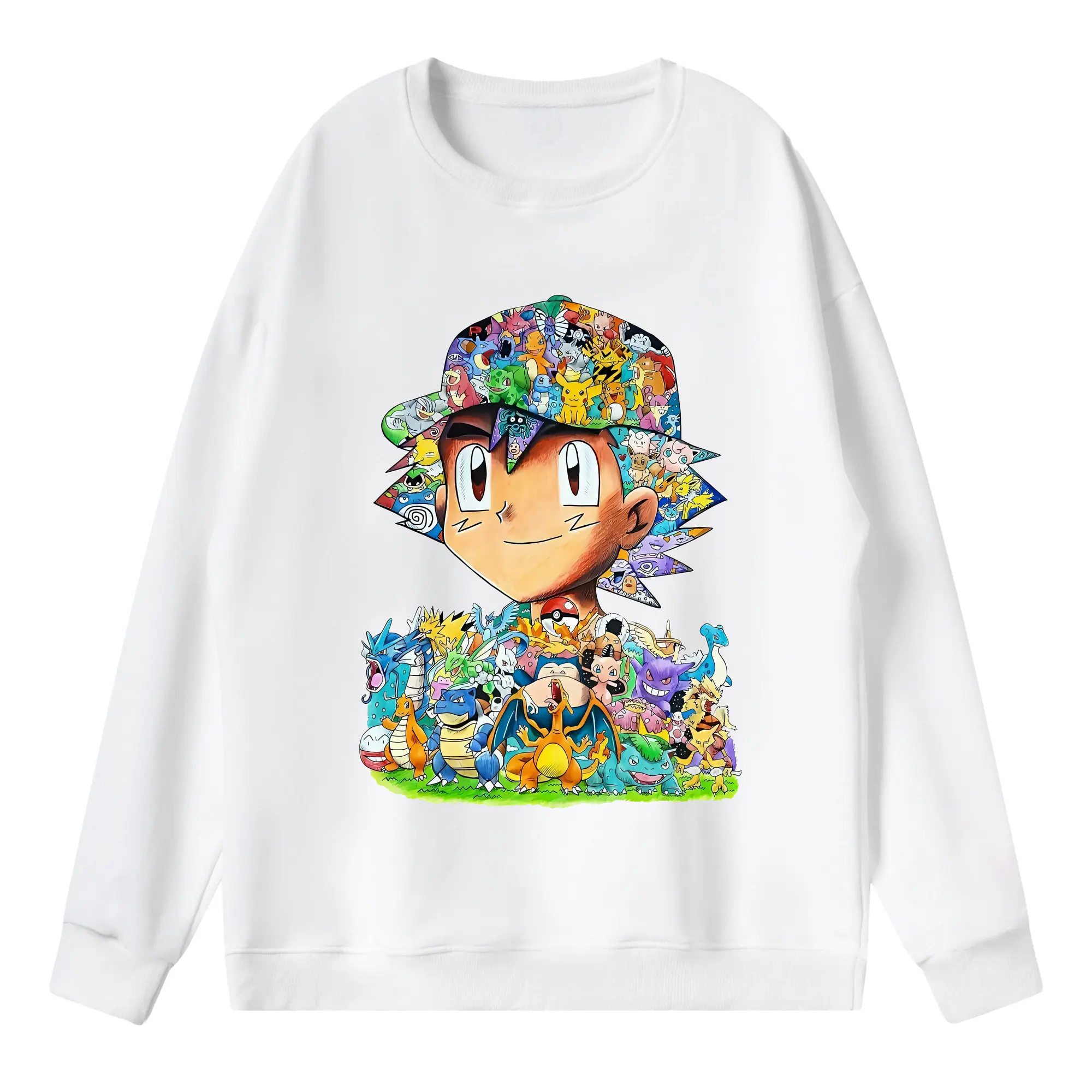 ポケモン ピカチュウ＆サトシ 全キャラクター集合 賑やか オリジナルデザイン - 薄手 クルーネック スウェット 裏毛260g · ポリエステル 春秋向け カジュアル 男女兼用 · トレーナー デイリー スポーツ 散歩に最適