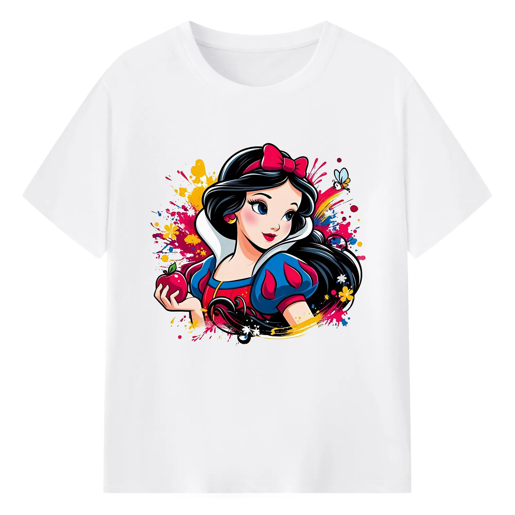 プリンセス 白雪姫 りんご＆カラフルな蝶 オリジナルデザイン - 綿100％ 半袖Tシャツ ・ フロントプリント ・ 快適 通気性 ・ 日常使い 散歩 スポーツ用