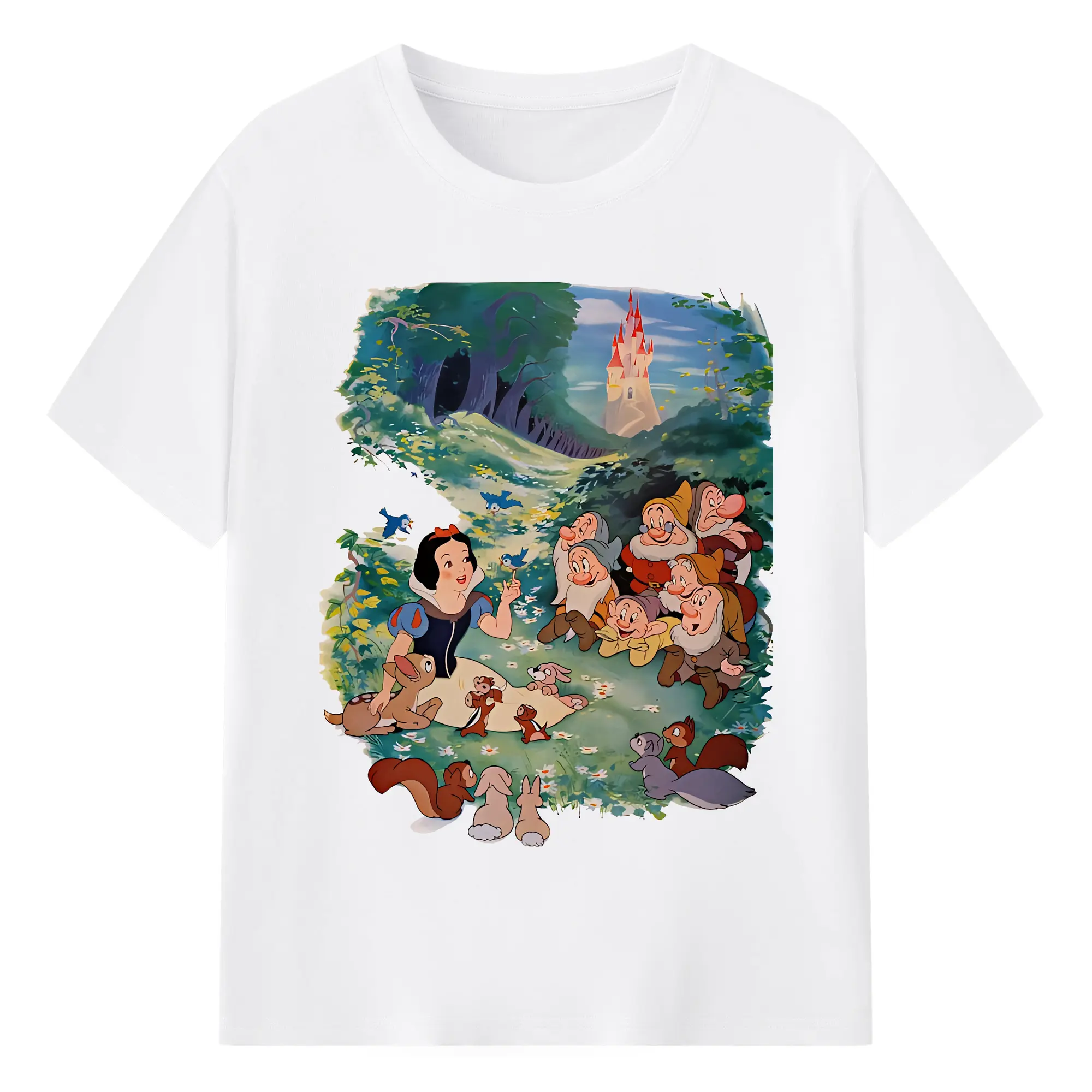 プリンセス 白雪姫＆七人の小人 森 ほっこり オリジナルデザイン - 綿100％ 半袖Tシャツ ・ フロントプリント ・ 快適 通気性 ・ 日常使い 散歩 スポーツ用