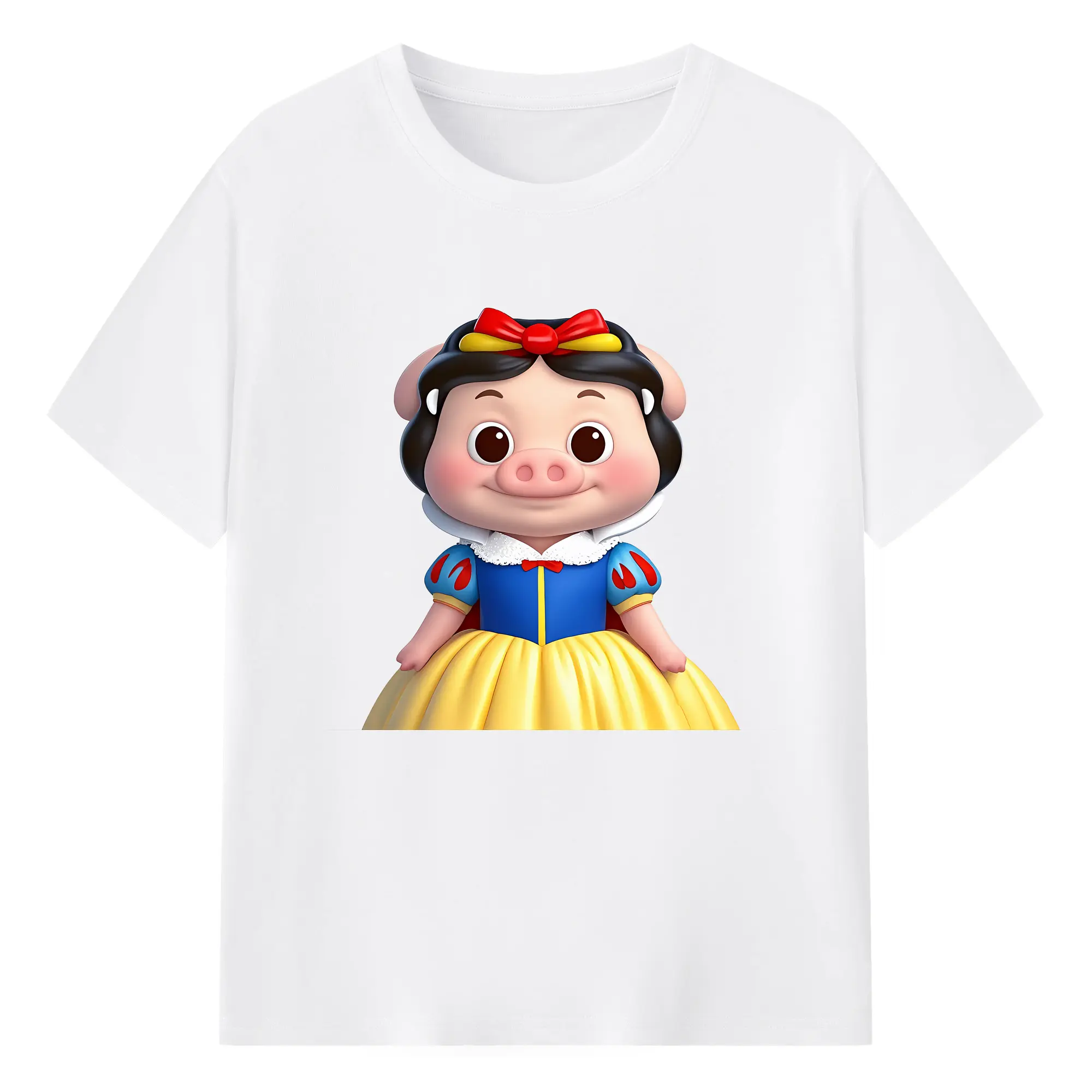 プリンセス 白雪姫 デフォルメ子ブタ ほのぼの オリジナルデザイン - 綿100％ 半袖Tシャツ ・ フロントプリント ・ 快適 通気性 ・ 日常使い 散歩 スポーツ用