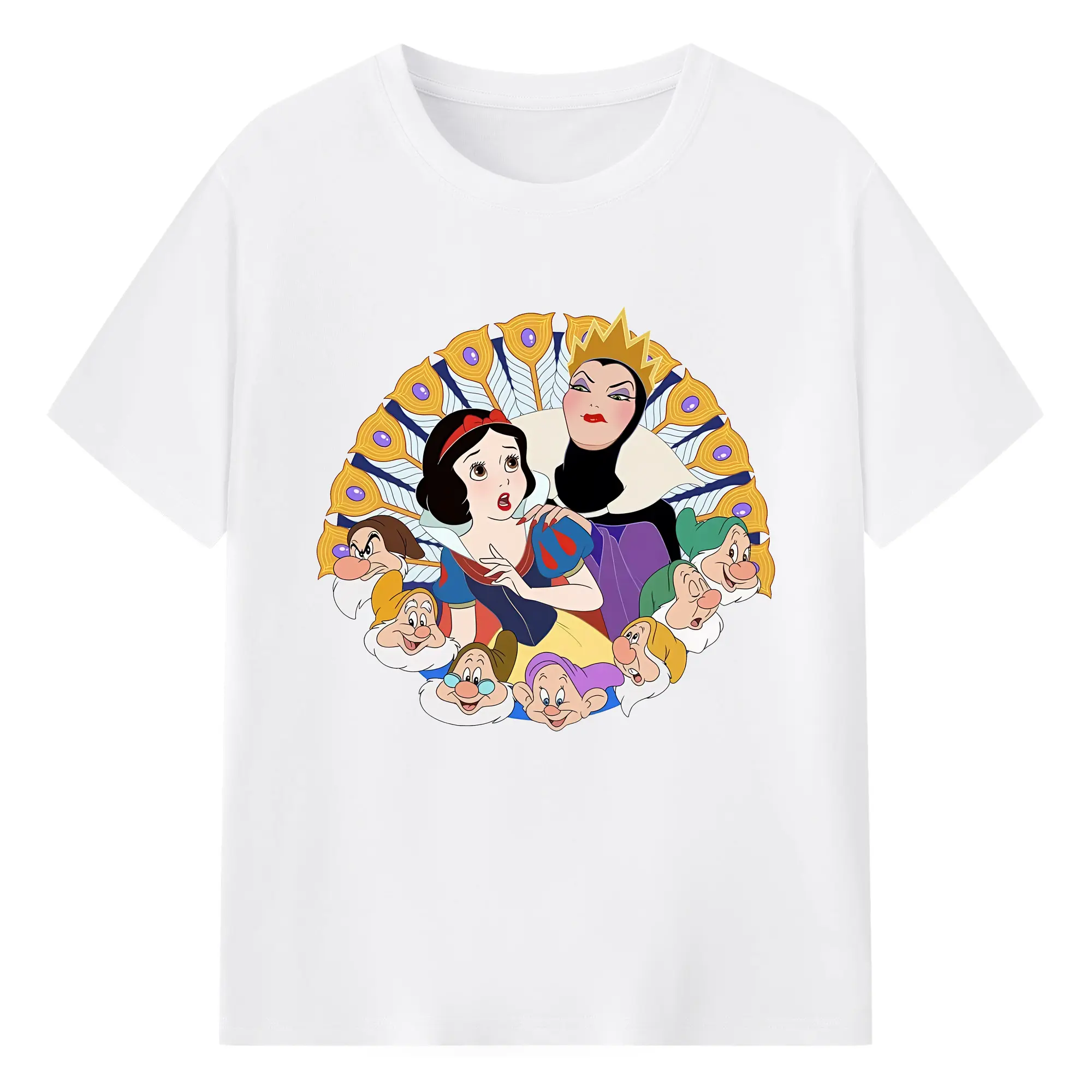 プリンセス 白雪姫＆邪悪な女王＆七人の小人 孔雀の羽 ディスプレイ オリジナルデザイン - 綿100％ 半袖Tシャツ ・ フロントプリント ・ 快適 通気性 ・ 日常使い 散歩 スポーツ用