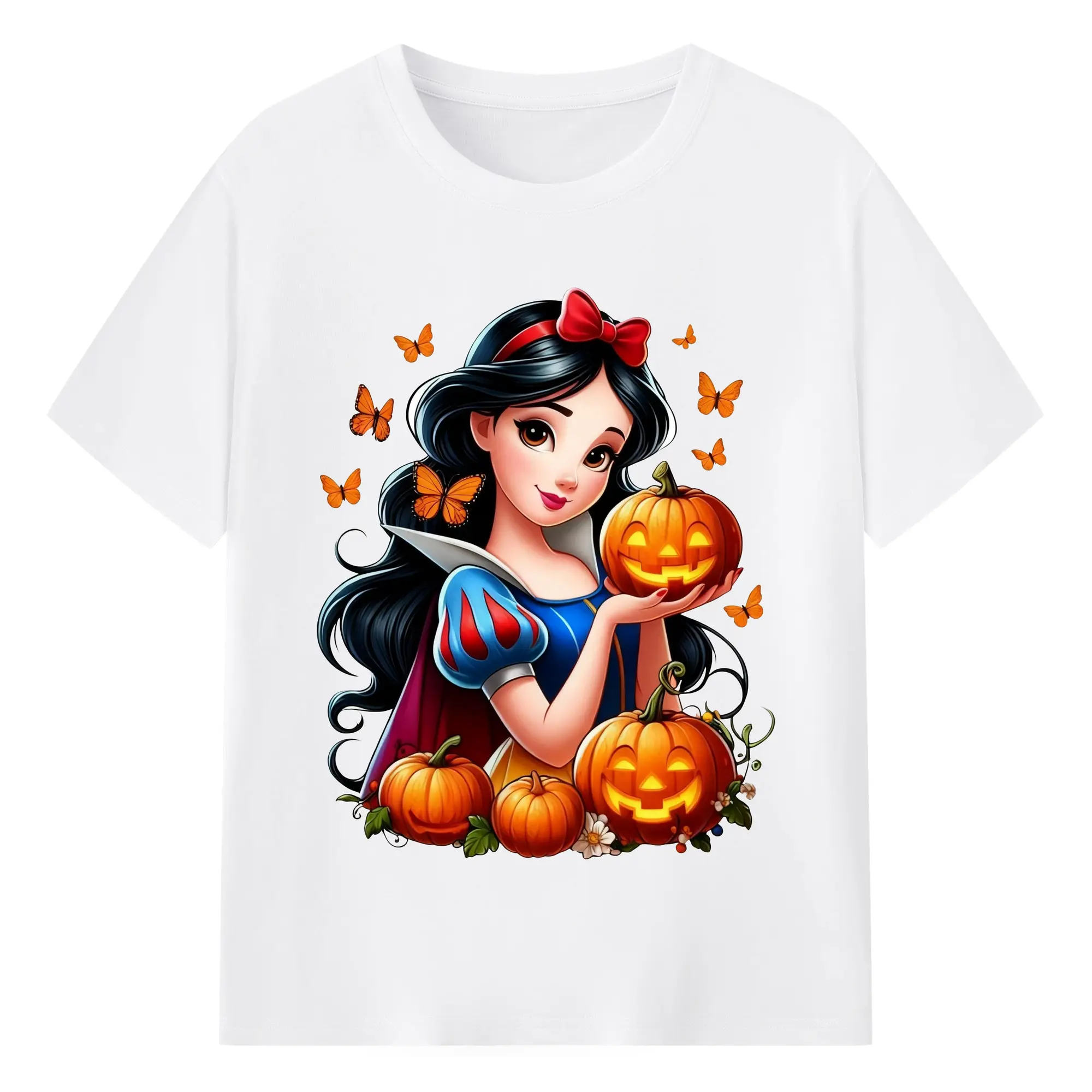 プリンセス 白雪姫 ハロウィン 南瓜 雰囲気 オリジナルデザイン - 綿100％ 半袖Tシャツ ・ フロントプリント ・ 快適 通気性 ・ 日常使い 散歩 スポーツ用