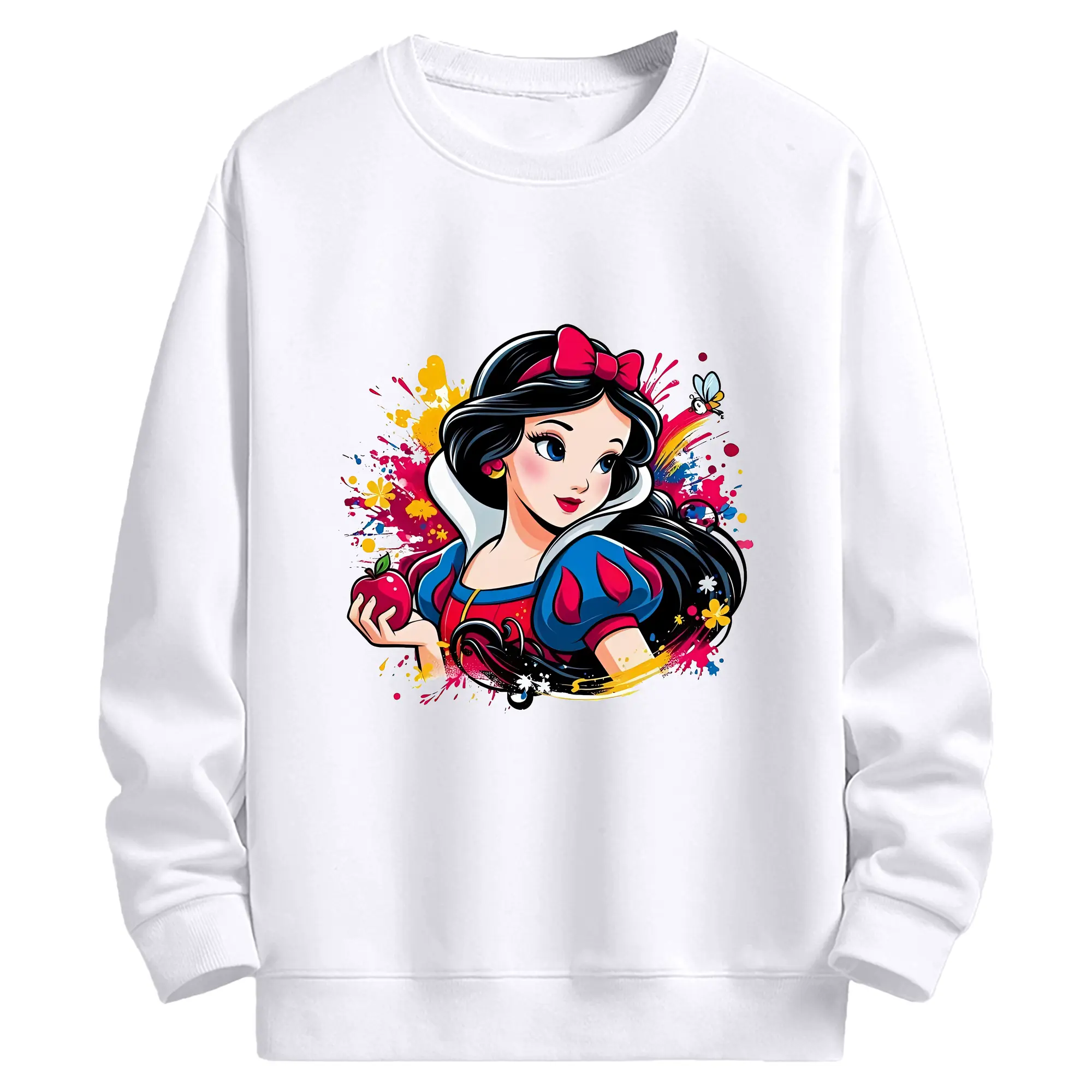 プリンセス 白雪姫 りんご＆カラフルな蝶 オリジナルデザイン - 高品質 クルーネック スウェット ・ コットン59％ ポリエステル41％ ・ ユニセックス 長袖 トレーナー ・ カジュアル デイリー スポーツ 散歩用