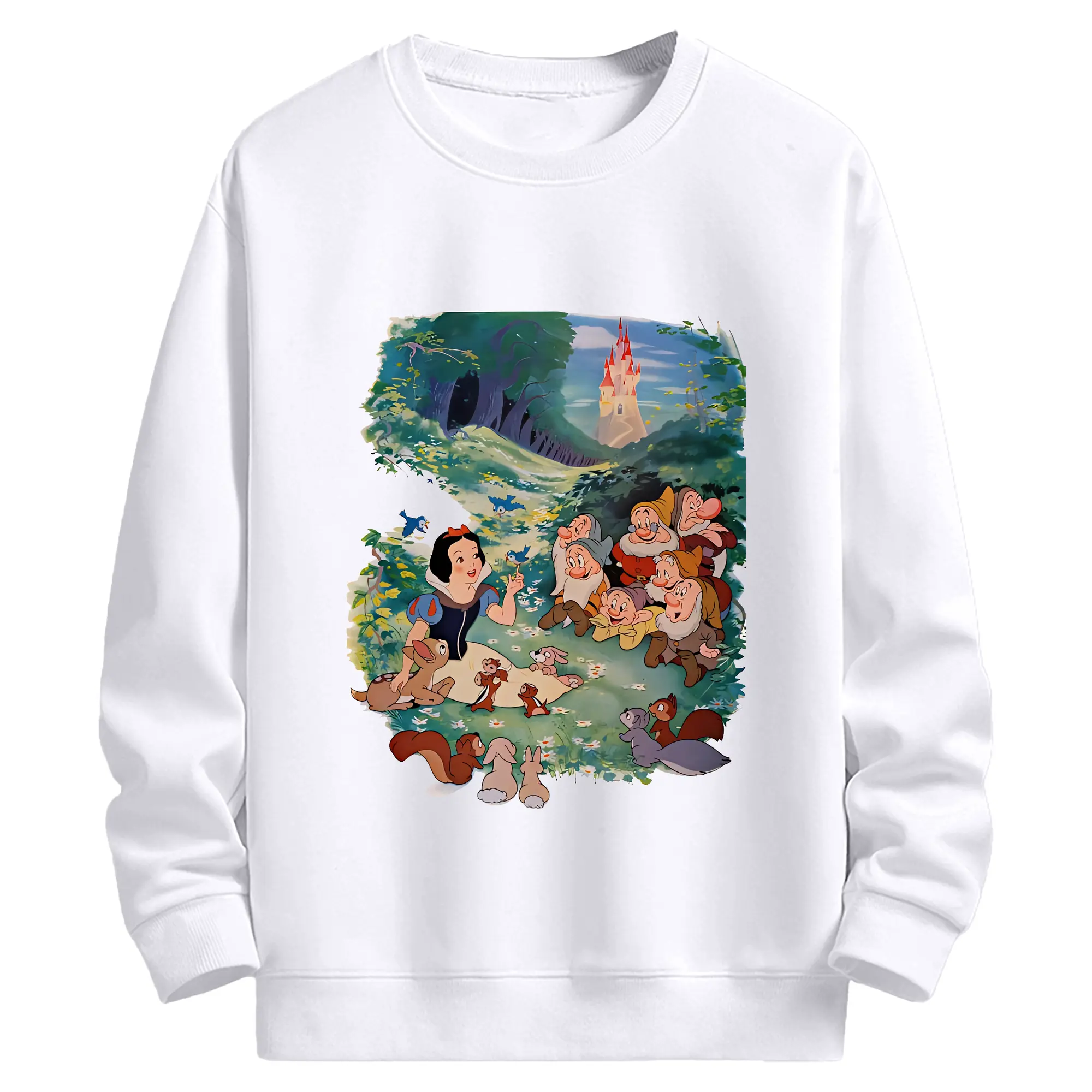 プリンセス 白雪姫＆七人の小人 森 ほっこり オリジナルデザイン - 高品質 クルーネック スウェット ・ コットン59％ ポリエステル41％ ・ ユニセックス 長袖 トレーナー ・ カジュアル デイリー スポーツ 散歩用