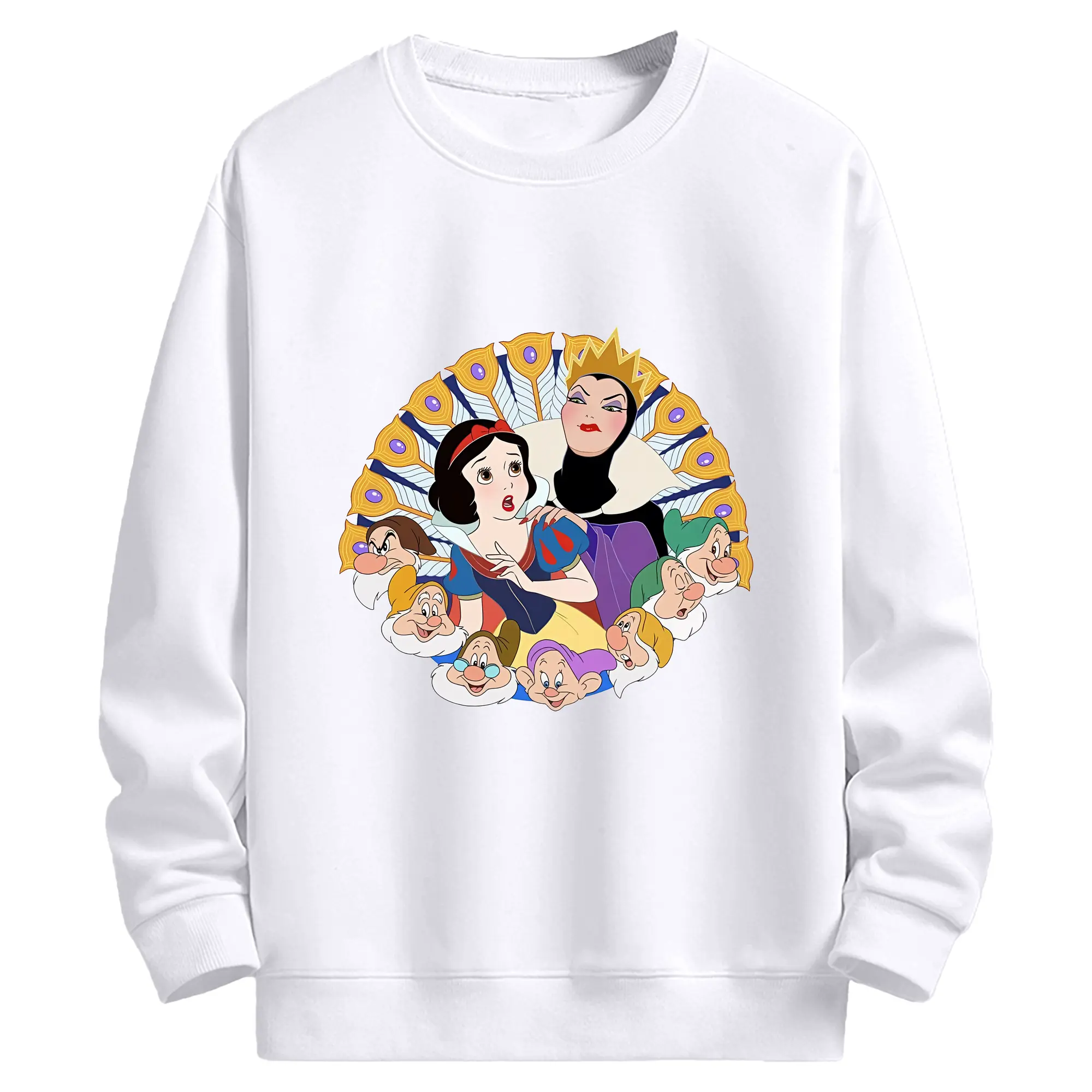 プリンセス 白雪姫＆邪悪な女王＆七人の小人 孔雀の羽 ディスプレイ オリジナルデザイン - 高品質 クルーネック スウェット ・ コットン59％ ポリエステル41％ ・ ユニセックス 長袖 トレーナー ・ カジュアル デイリー スポーツ 散歩用