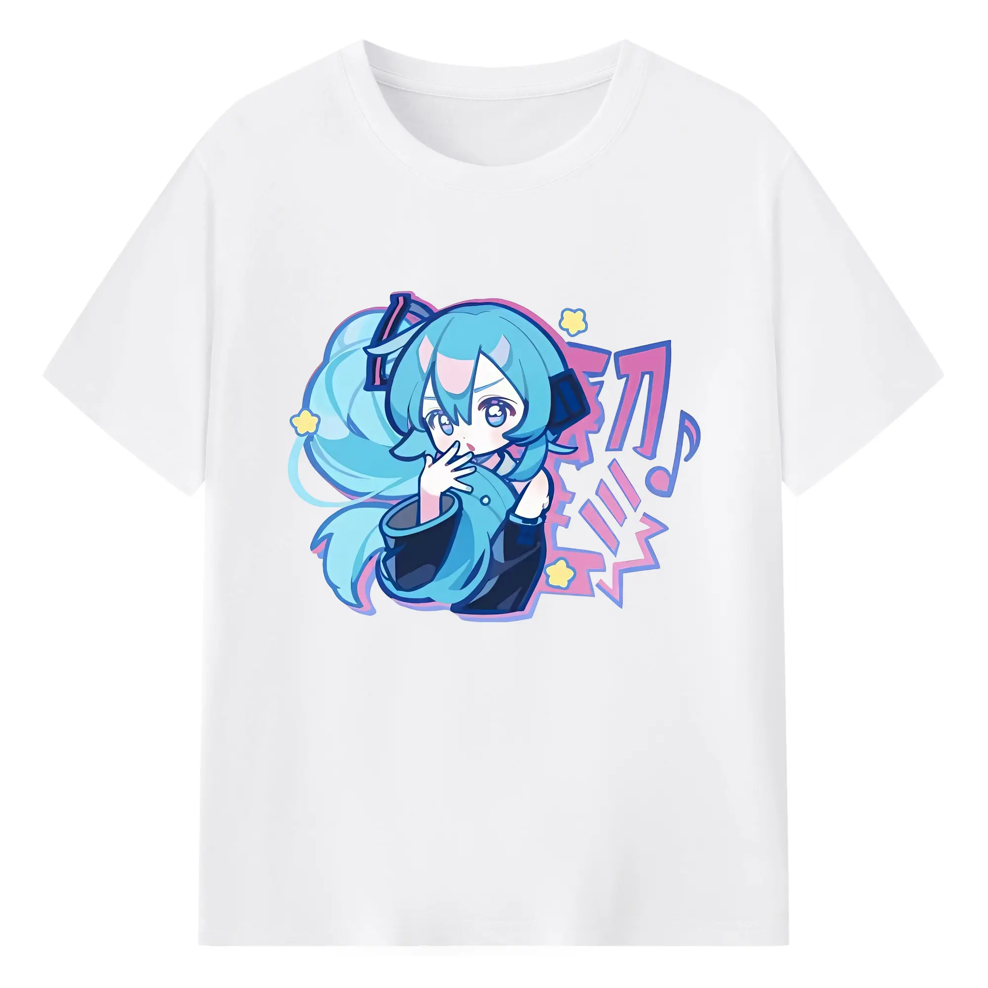 初音ミク カワイイQ版イラスト 音楽柄と星のアクセント オリジナルデザイン - 綿100％ 半袖Tシャツ ・ フロントプリント ・ 快適 通気性 ・ 日常使い 散歩 スポーツ用