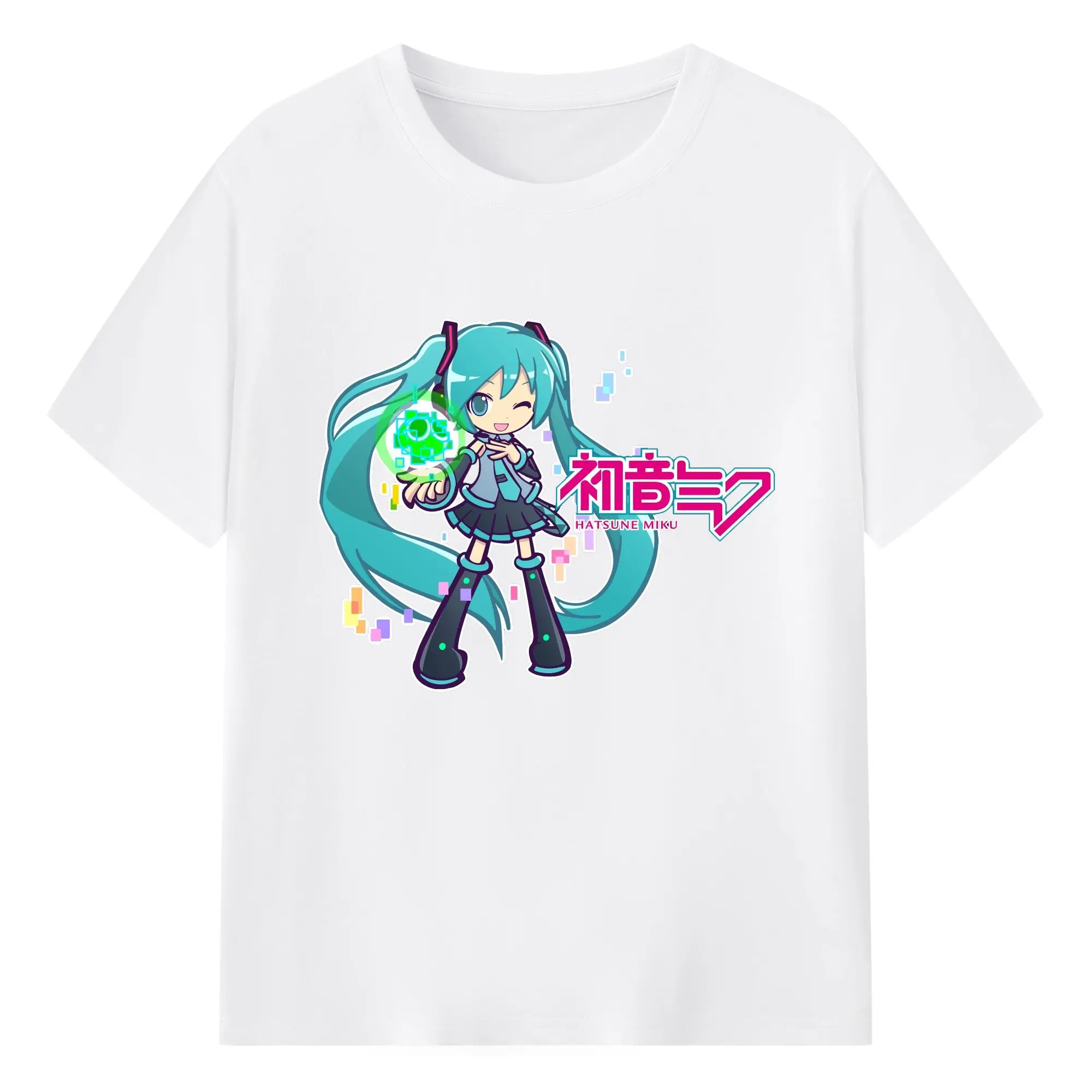 初音ミク カワイイQ版風光の玉 オリジナルデザイン - 綿100％ 半袖Tシャツ ・ フロントプリント ・ 快適 通気性 ・ 日常使い 散歩 スポーツ用