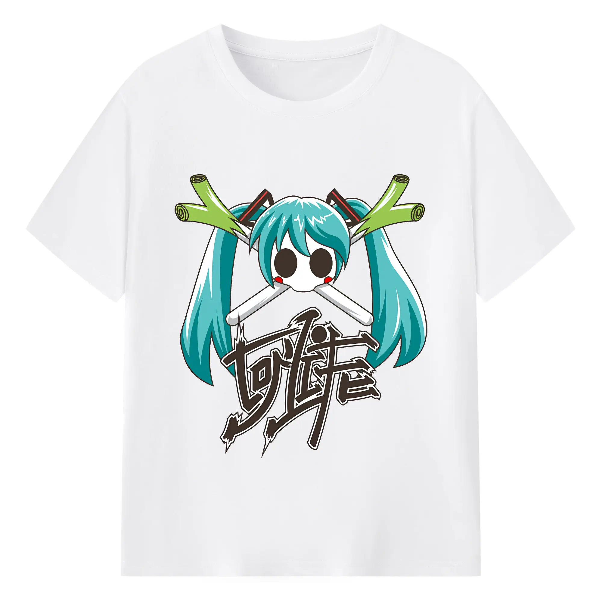 初音ミク 暗黒風クール 髑髏 オリジナルデザイン - 綿100％ 半袖Tシャツ ・ フロントプリント ・ 快適 通気性 ・ 日常使い 散歩 スポーツ用