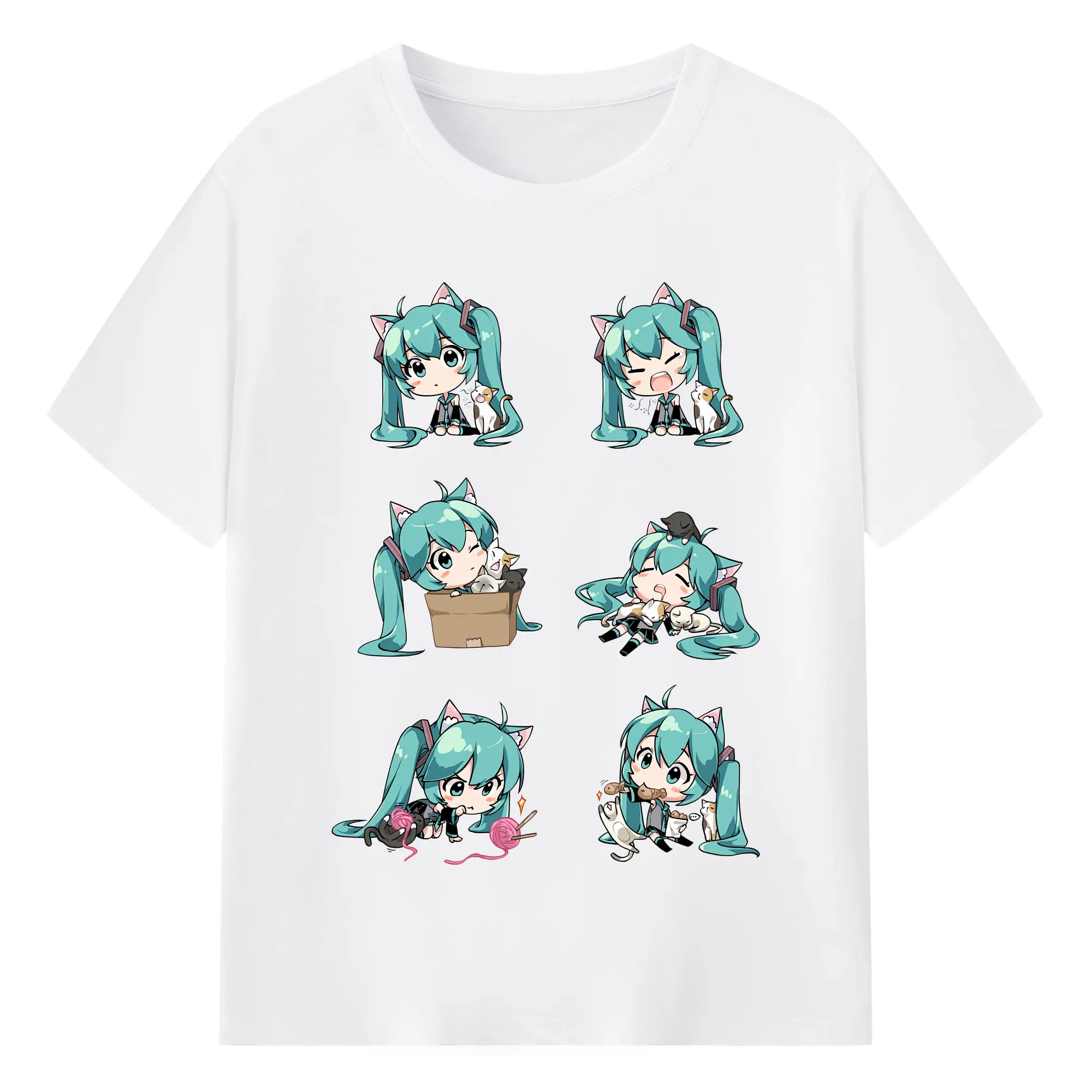 初音ミク＆猫 カワイイちびキャラ オリジナルデザイン - 綿100％ 半袖Tシャツ ・ フロントプリント ・ 快適 通気性 ・ 日常使い 散歩 スポーツ用