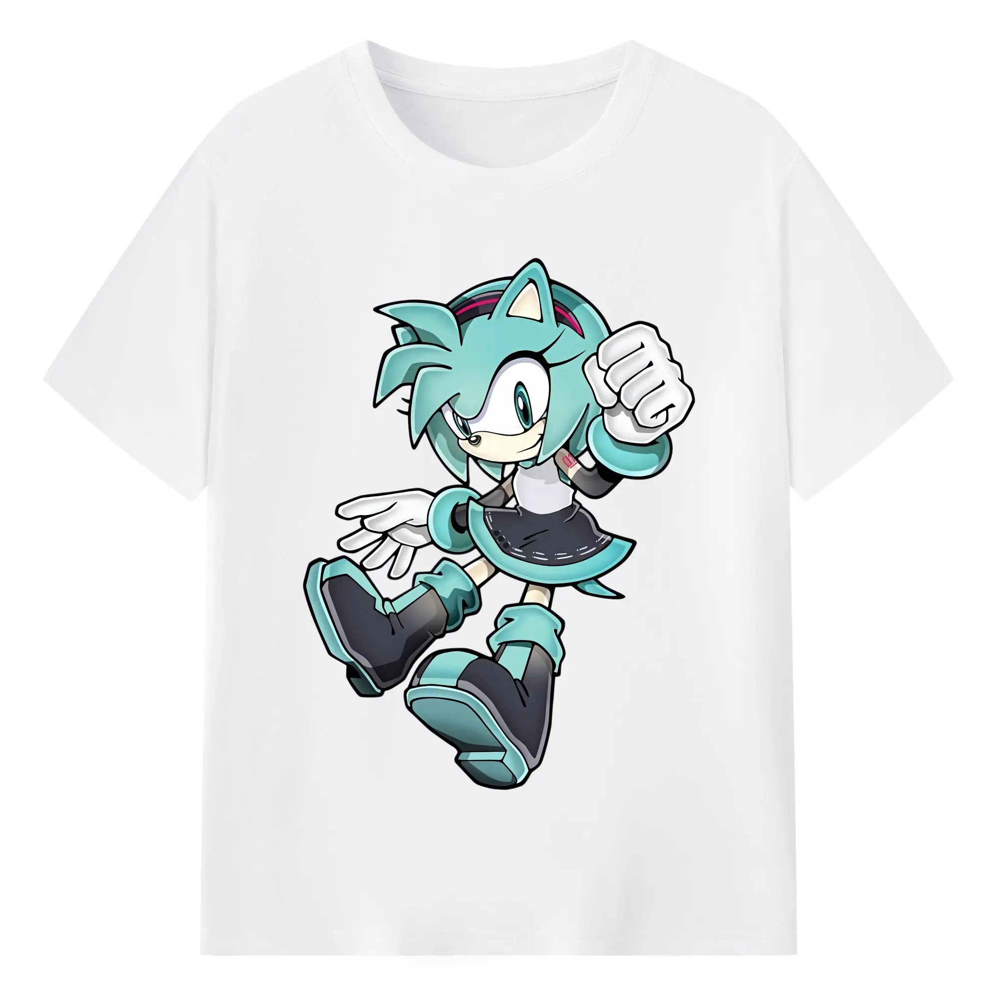 初音ミク＆ソニックコラボ  カワイイちびキャラ オリジナルデザイン - 綿100％ 半袖Tシャツ ・ フロントプリント ・ 快適 通気性 ・ 日常使い 散歩 スポーツ用