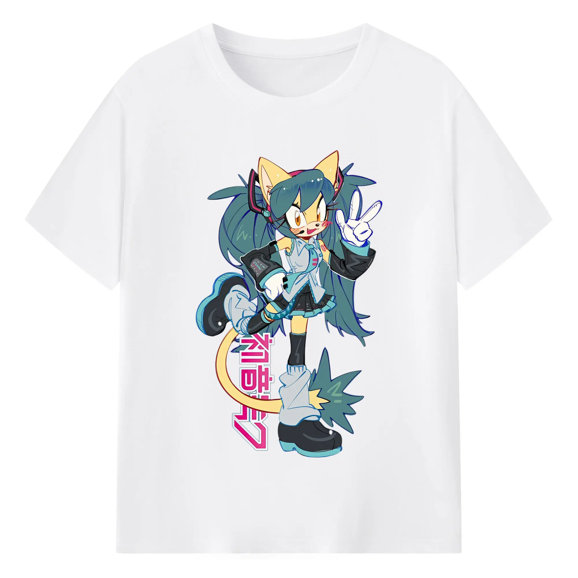初音ミク ソニック風 カワイイキャラクターイラスト オリジナルデザイン - 綿100％ 半袖Tシャツ ・ フロントプリント ・ 快適 通気性 ・ 日常使い 散歩 スポーツ用