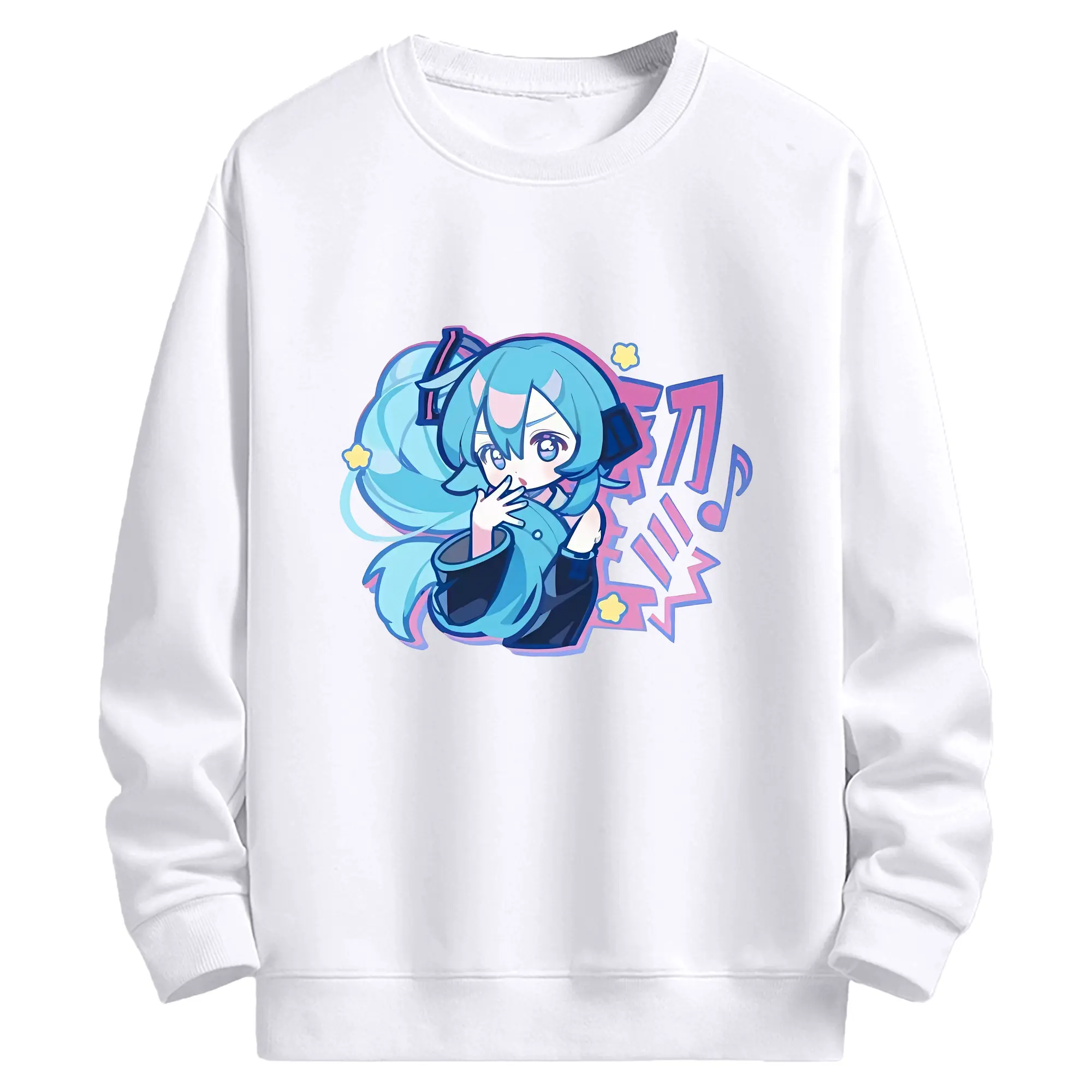 初音ミク カワイイQ版イラスト 音楽柄と星のアクセント オリジナルデザイン - 高品質 クルーネック スウェット ・ コットン59％ ポリエステル41％ ・ ユニセックス 長袖 トレーナー ・ カジュアル デイリー スポーツ 散歩用