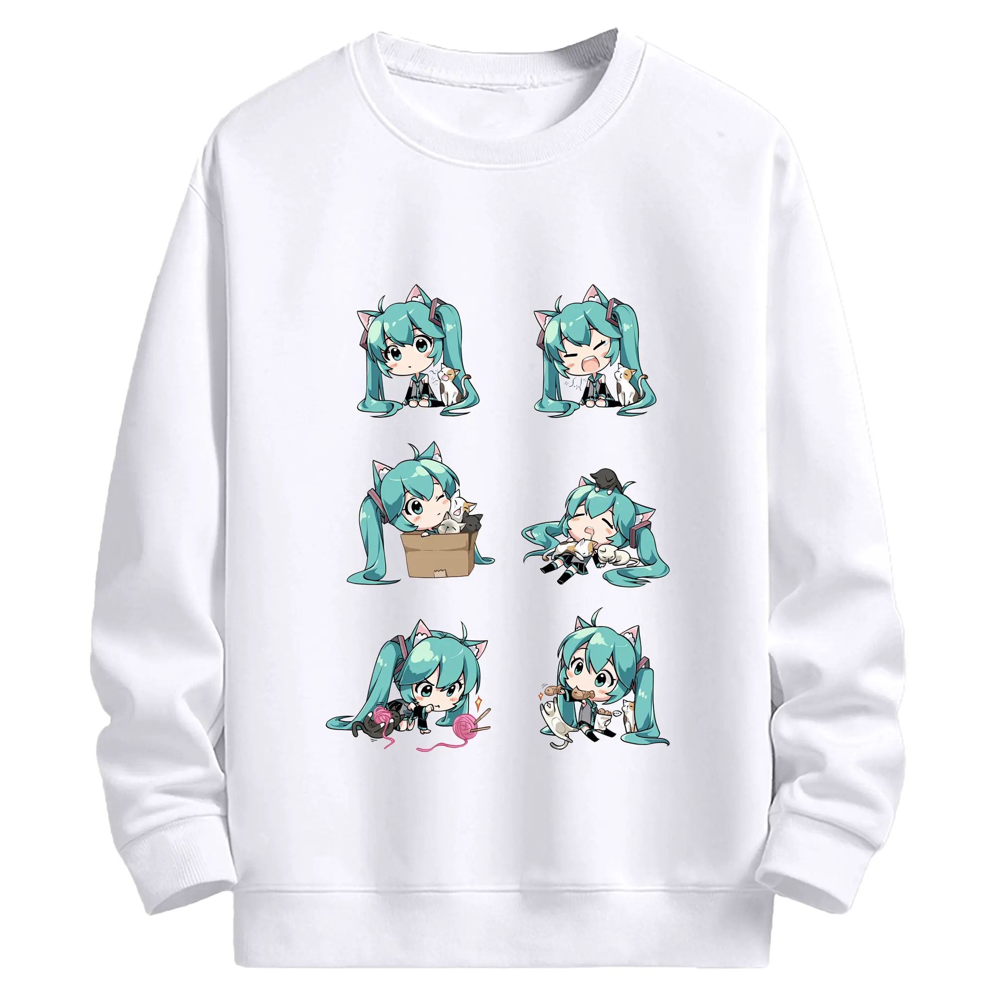 初音ミク＆猫 カワイイちびキャラ オリジナルデザイン - 高品質 クルーネック スウェット ・ コットン59％ ポリエステル41％ ・ ユニセックス 長袖 トレーナー ・ カジュアル デイリー スポーツ 散歩用