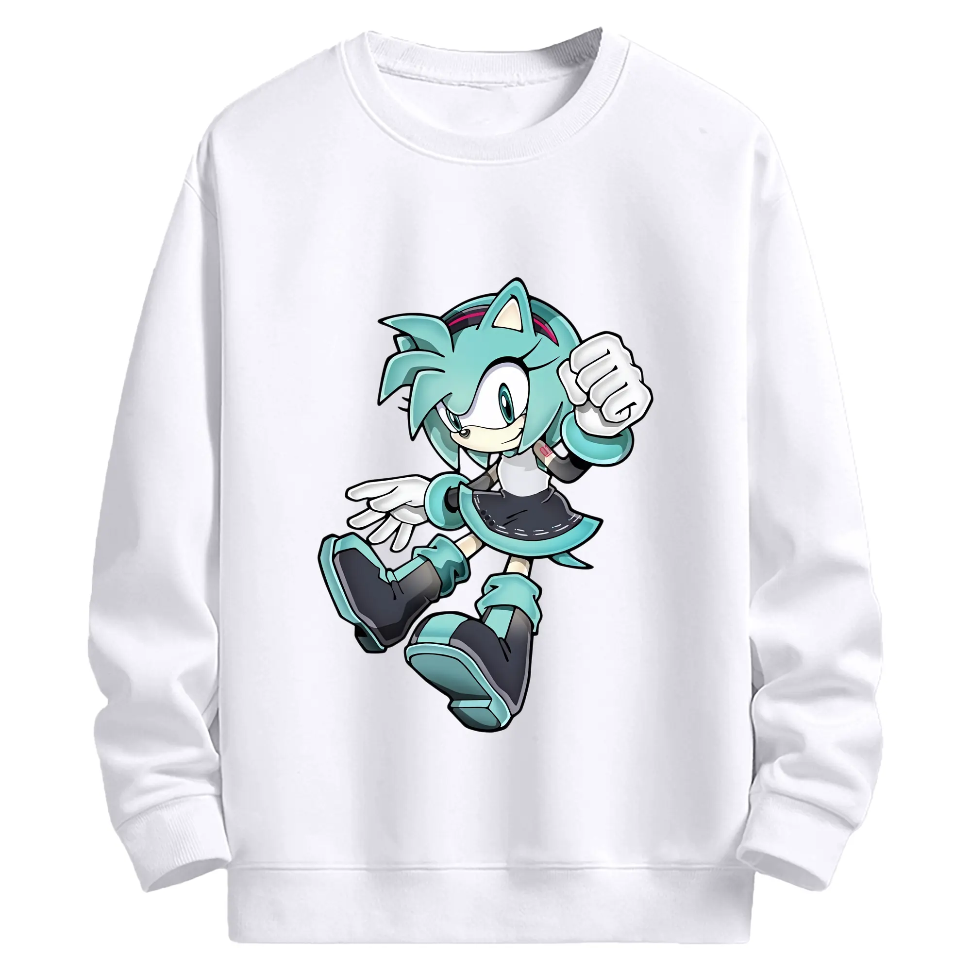 初音ミク＆ソニックコラボ  カワイイちびキャラ オリジナルデザイン - 高品質 クルーネック スウェット ・ コットン59％ ポリエステル41％ ・ ユニセックス 長袖 トレーナー ・ カジュアル デイリー スポーツ 散歩用