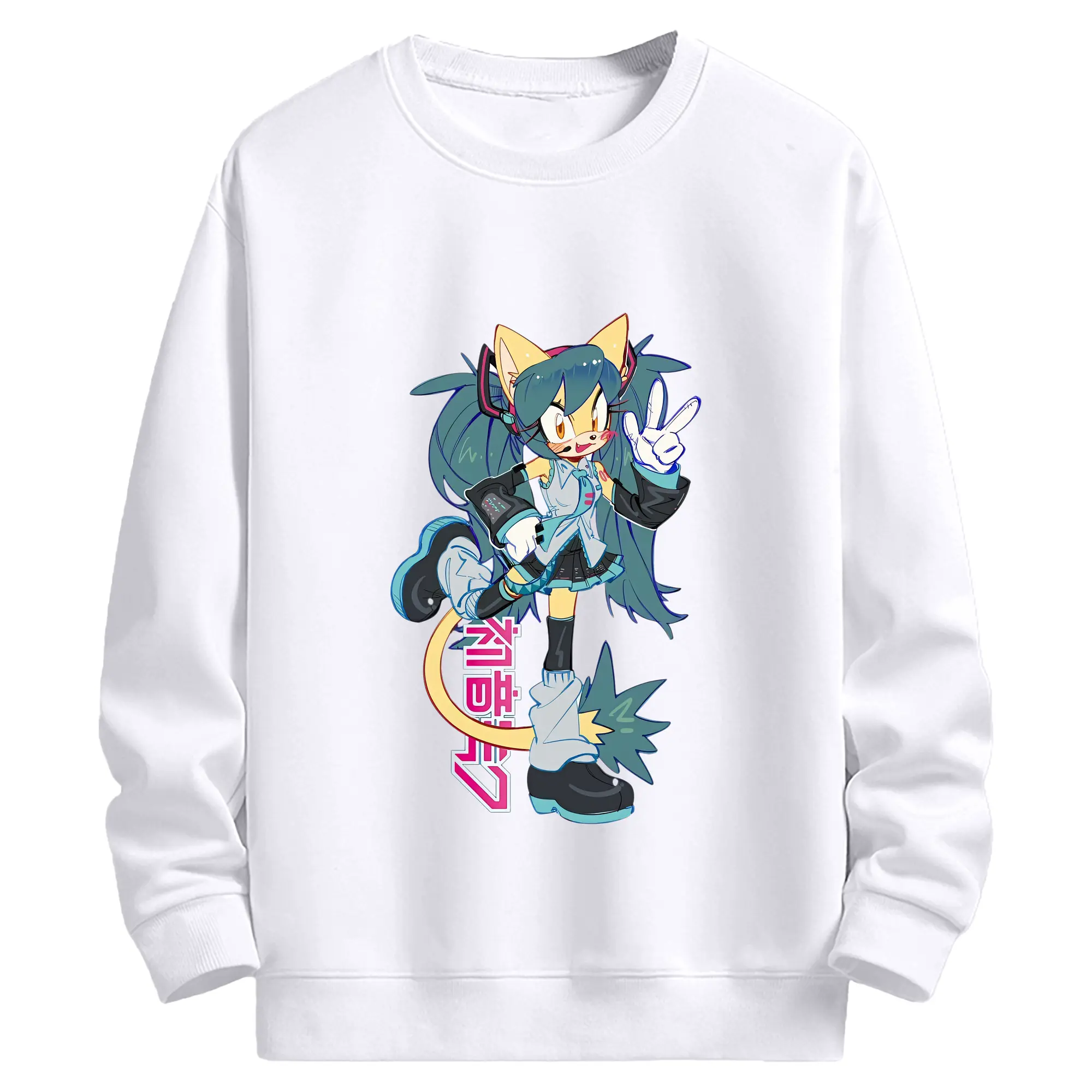 初音ミク ソニック風 カワイイキャラクターイラスト オリジナルデザイン - 高品質 クルーネック スウェット ・ コットン59％ ポリエステル41％ ・ ユニセックス 長袖 トレーナー ・ カジュアル デイリー スポーツ 散歩用