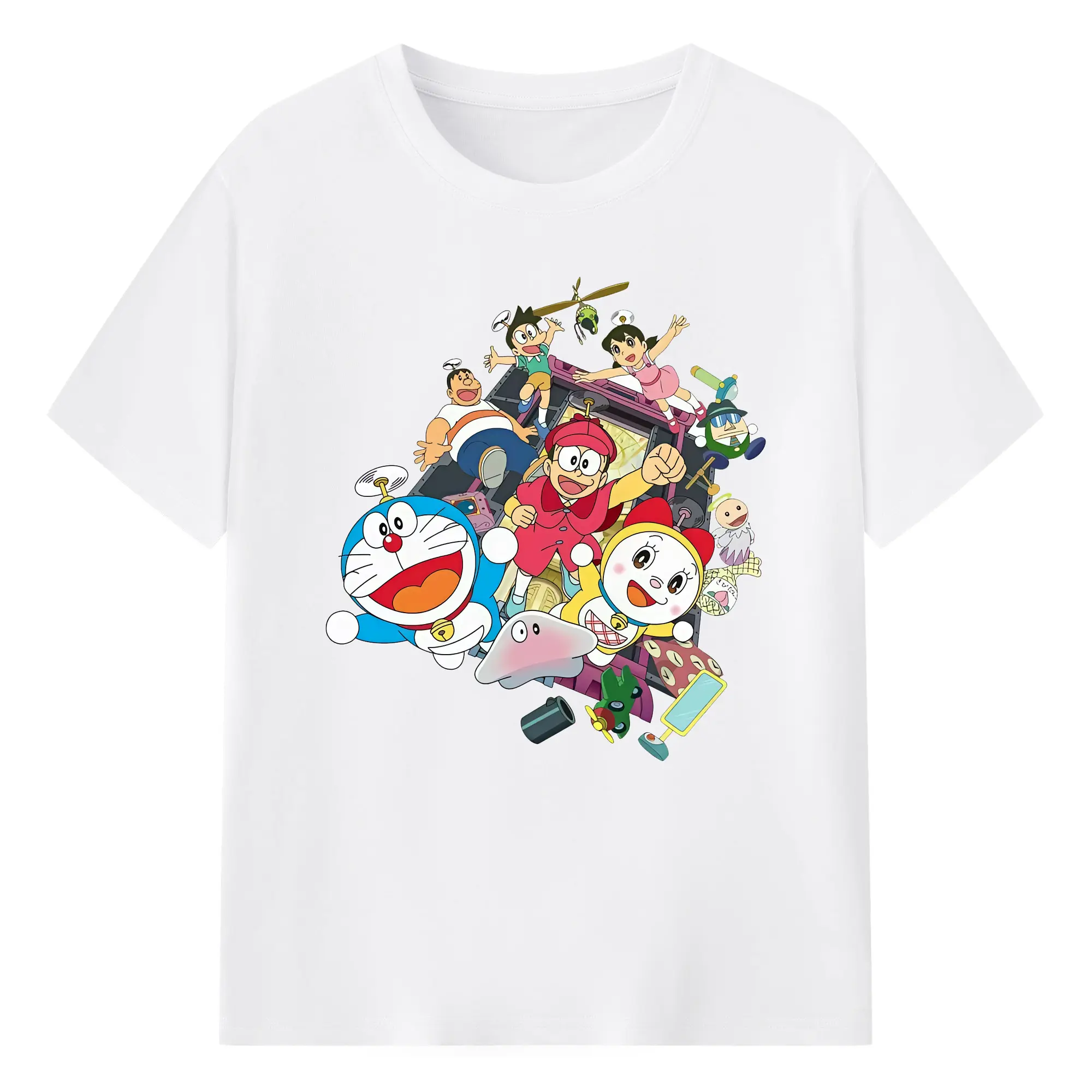 ドラえもん 全キャラクター集合 賑やか オリジナルデザイン - 綿100％ 半袖Tシャツ ・ フロントプリント ・ 快適 通気性 ・ 日常使い 散歩 スポーツ用