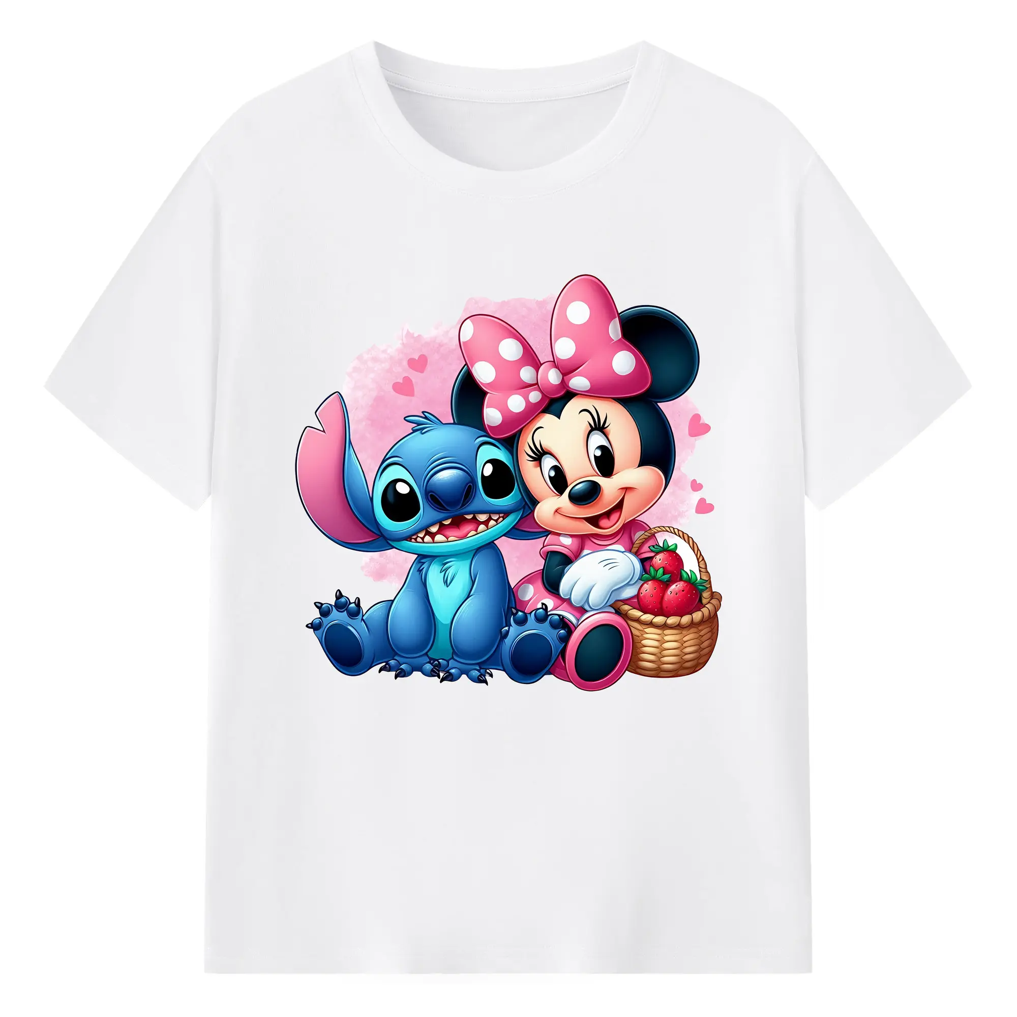 ミニー ＆スティッチコラボイラスト かわいいデザイン - 綿100％ 半袖Tシャツ ・ フロントプリント ・ 快適 通気性 ・ 日常使い 散歩 スポーツ用