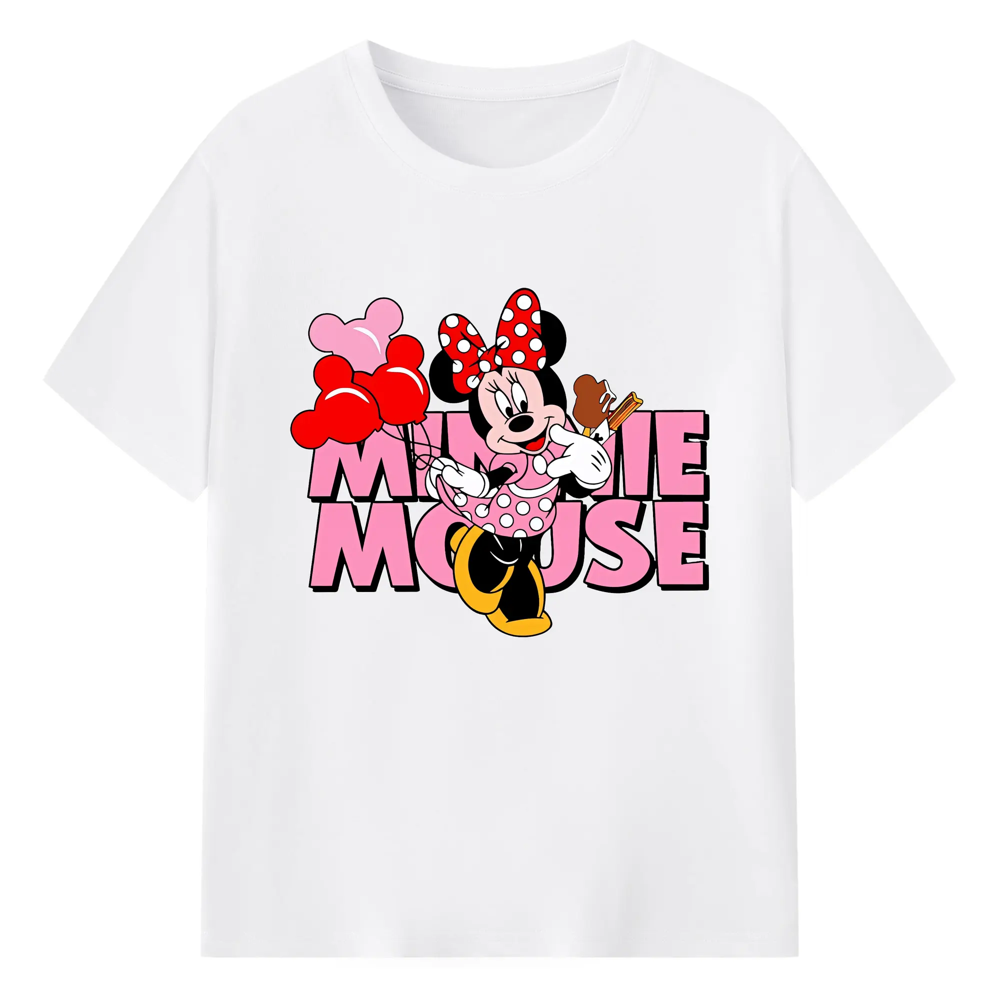 ミニーマウス ロゴデザイン ポップアート - 綿100％ 半袖Tシャツ ・ フロントプリント ・ 快適 通気性 ・ 日常使い 散歩 スポーツ用