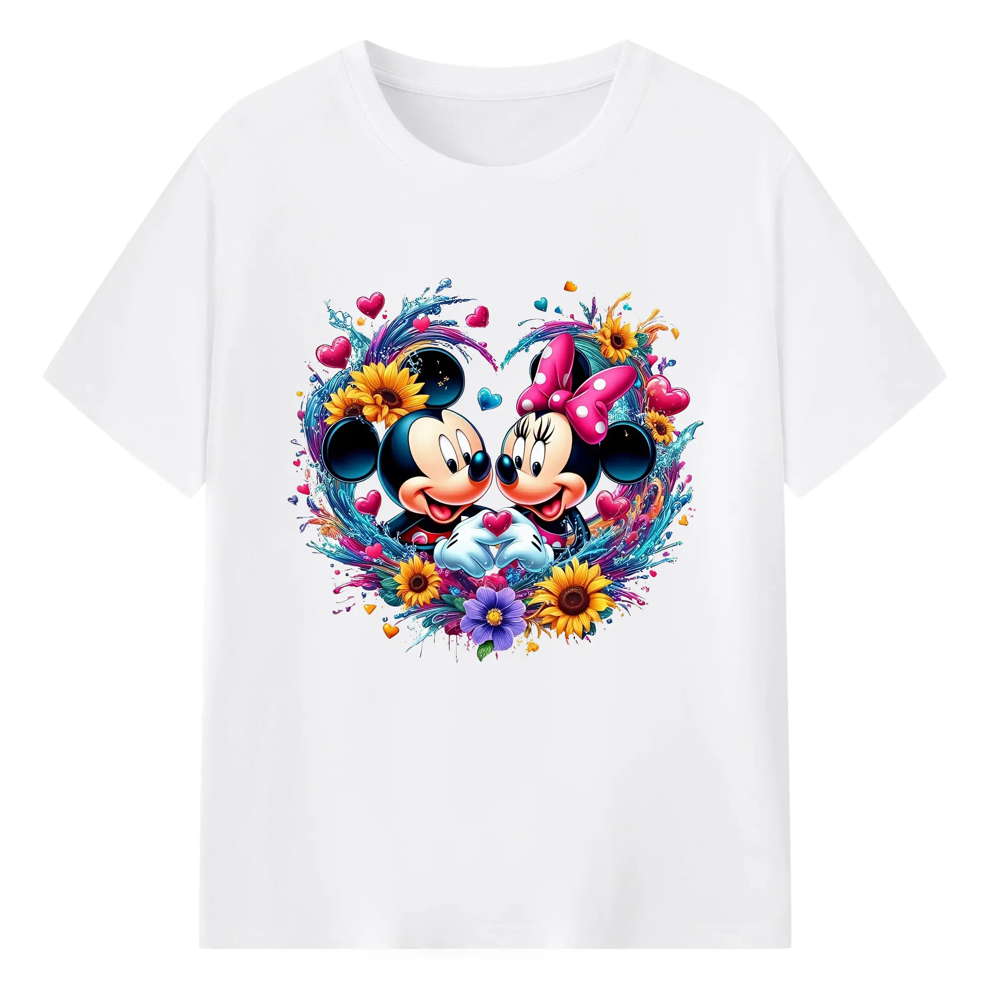 ミッキー＆ミニーフラワーデザイン カラフルイラスト - 綿100％ 半袖Tシャツ ・ フロントプリント ・ 快適 通気性 ・ 日常使い 散歩 スポーツ用
