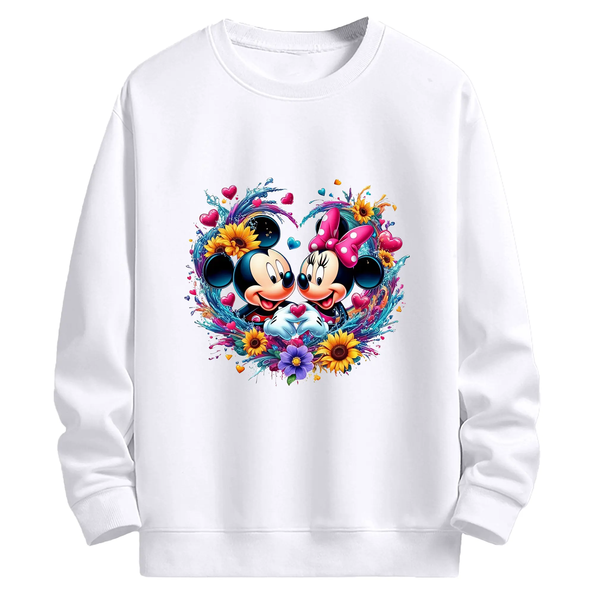 ミッキー＆ミニーフラワーデザイン カラフルイラスト - 高品質 クルーネック スウェット ・ コットン59％ ポリエステル41％ ・ ユニセックス 長袖 トレーナー ・ カジュアル デイリー スポーツ 散歩用