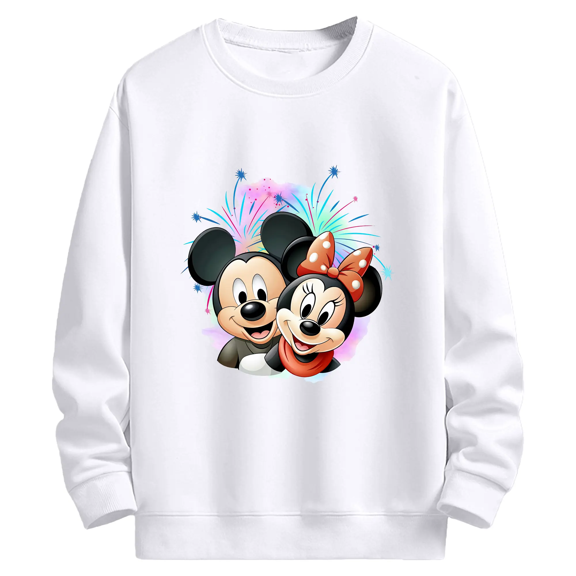 ミッキー＆ミニーラブデザイン ハートモチーフ - 高品質 クルーネック スウェット ・ コットン59％ ポリエステル41％ ・ ユニセックス 長袖 トレーナー ・ カジュアル デイリー スポーツ 散歩用