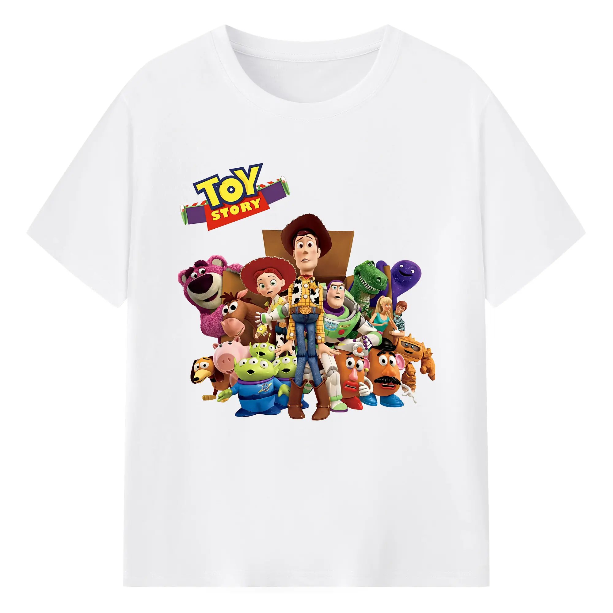 トイ・ストーリー キャラクター集合 賑やか オリジナルデザイン - 綿100％ 半袖Tシャツ ・ フロントプリント ・ 快適 通気性 ・ 日常使い 散歩 スポーツ用