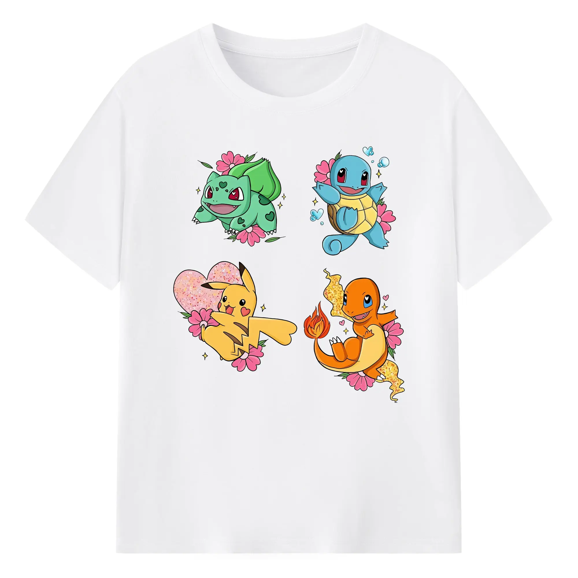 ポケモン フシギダネ ゼニガメ ピカチュウ ヒトカゲ 可愛い組み合わせ オリジナルデザイン - 綿100％ 半袖Tシャツ ・ フロントプリント ・ 快適 通気性 ・ 日常使い 散歩 スポーツ用